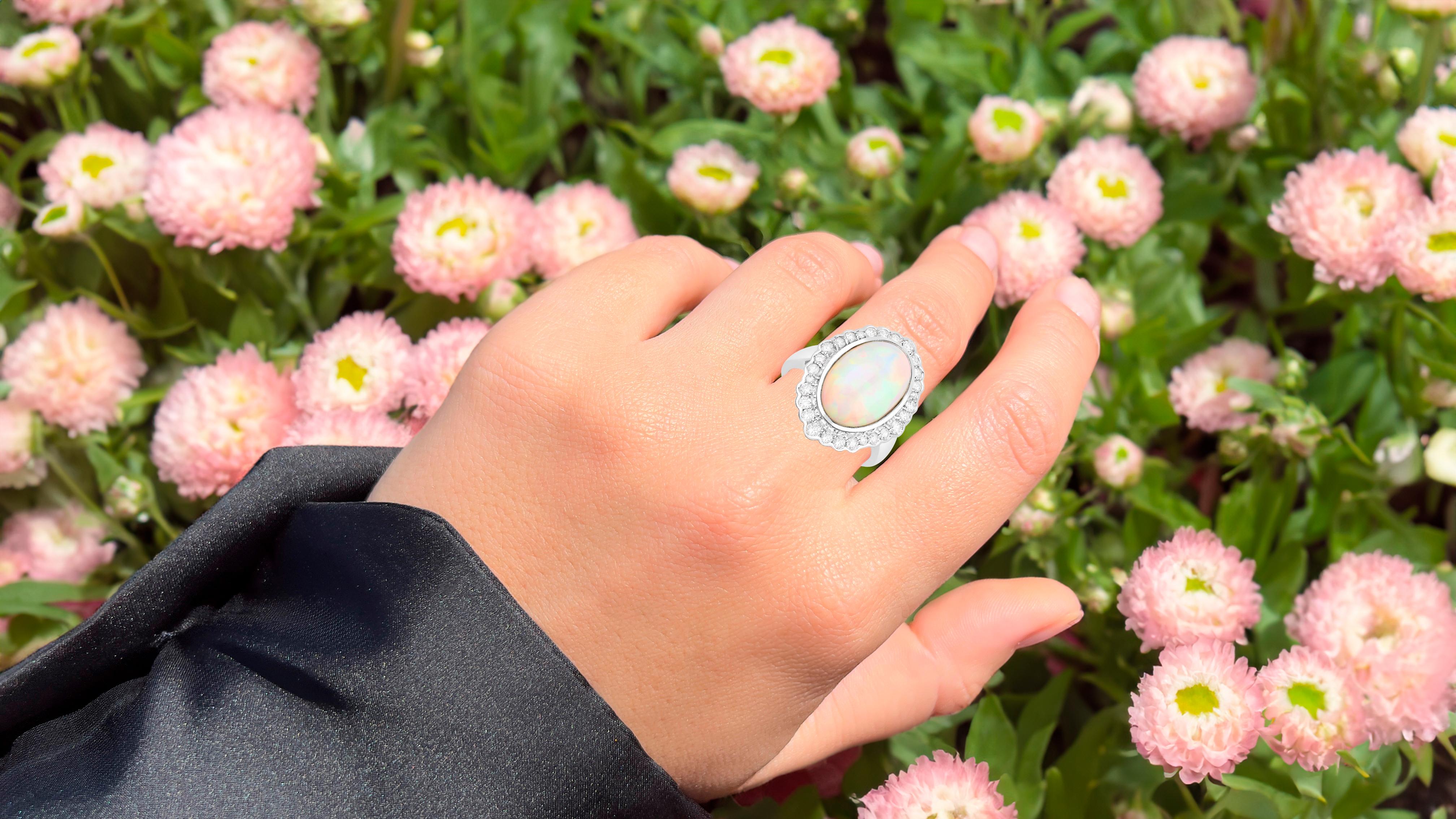 Cabochon Ethiopian Opal Ring With Diamonds 6.38 Carats 14K White Gold For Sale