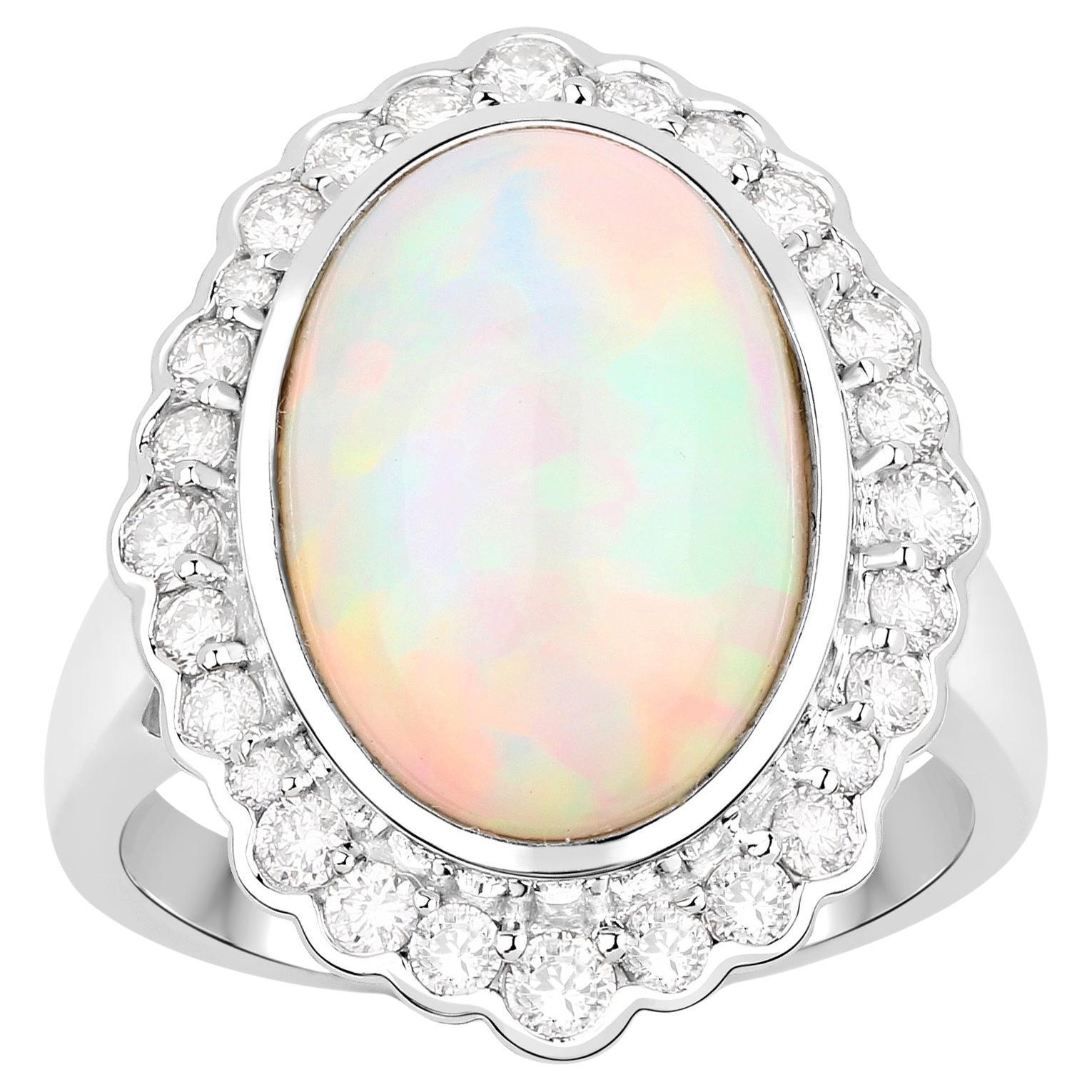 Ethiopian Opal Ring With Diamonds 6.38 Carats 14K White Gold For Sale