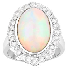 Retro Ethiopian Opal Ring With Diamonds 6.38 Carats 14K White Gold