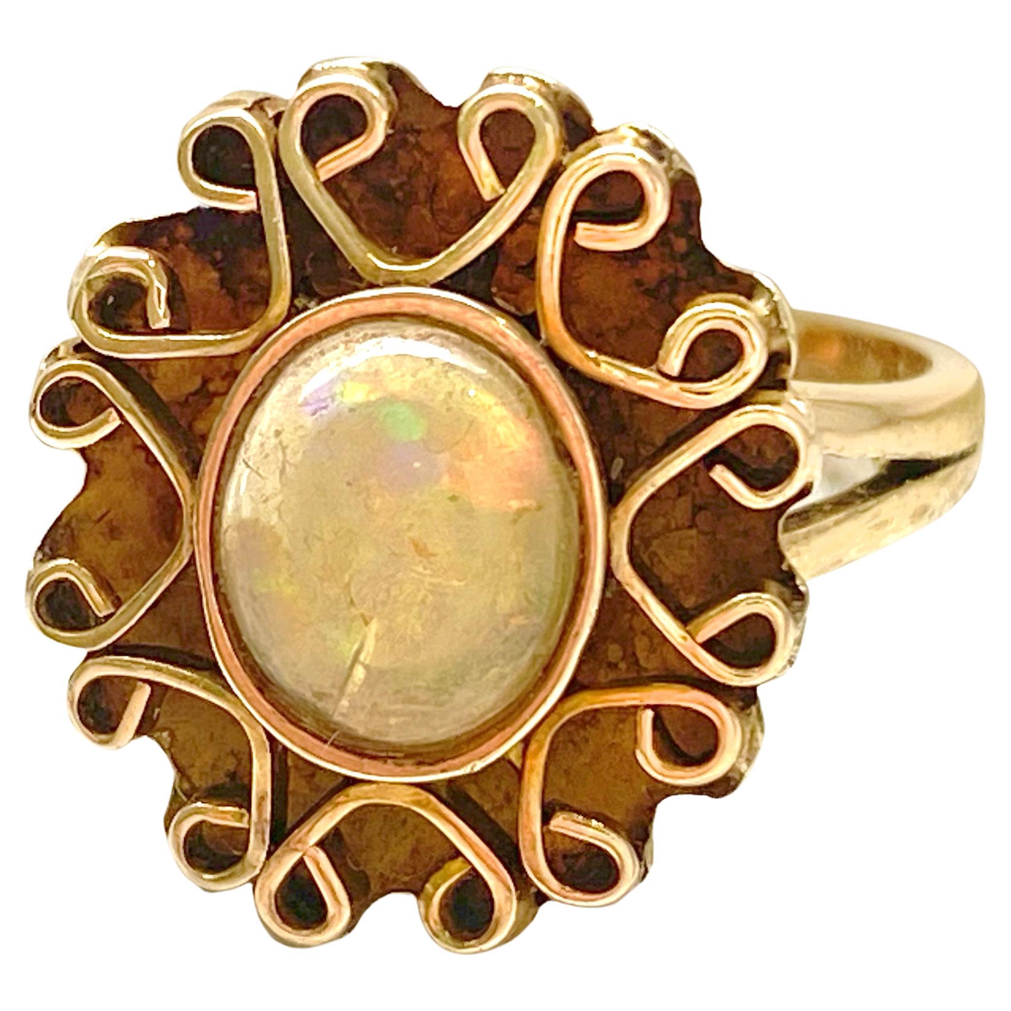 Ethiopian Opal Ring, Yellow Gold, Estate Ring with Detailed Fancy Filigree For Sale