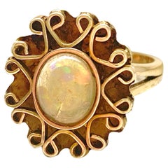 Retro Ethiopian Opal Ring, Yellow Gold, Estate Ring with Detailed Fancy Filigree