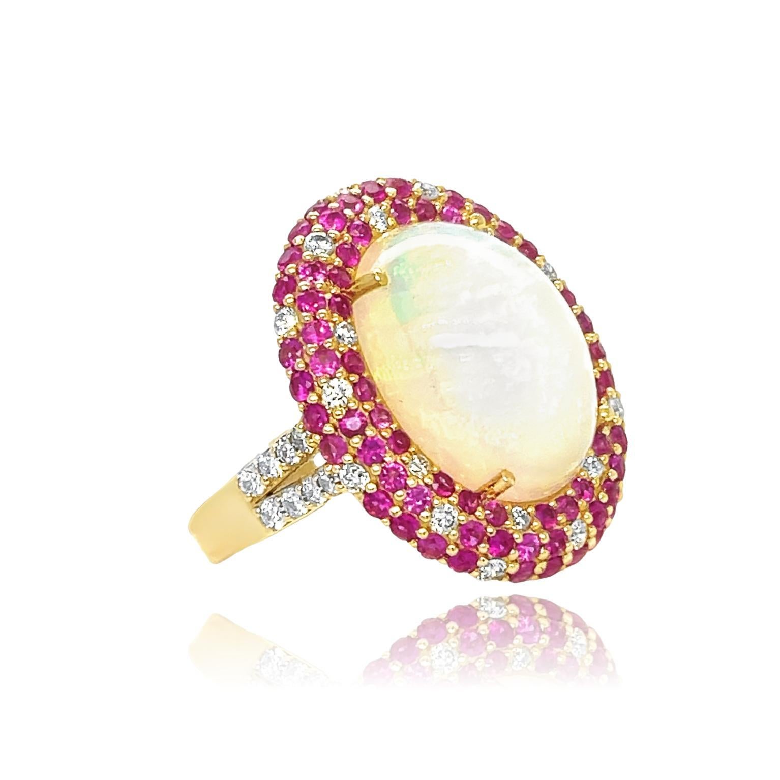 Oval Cut Ethiopian Opal, Ruby and Diamond Ring in 14KY Gold  For Sale