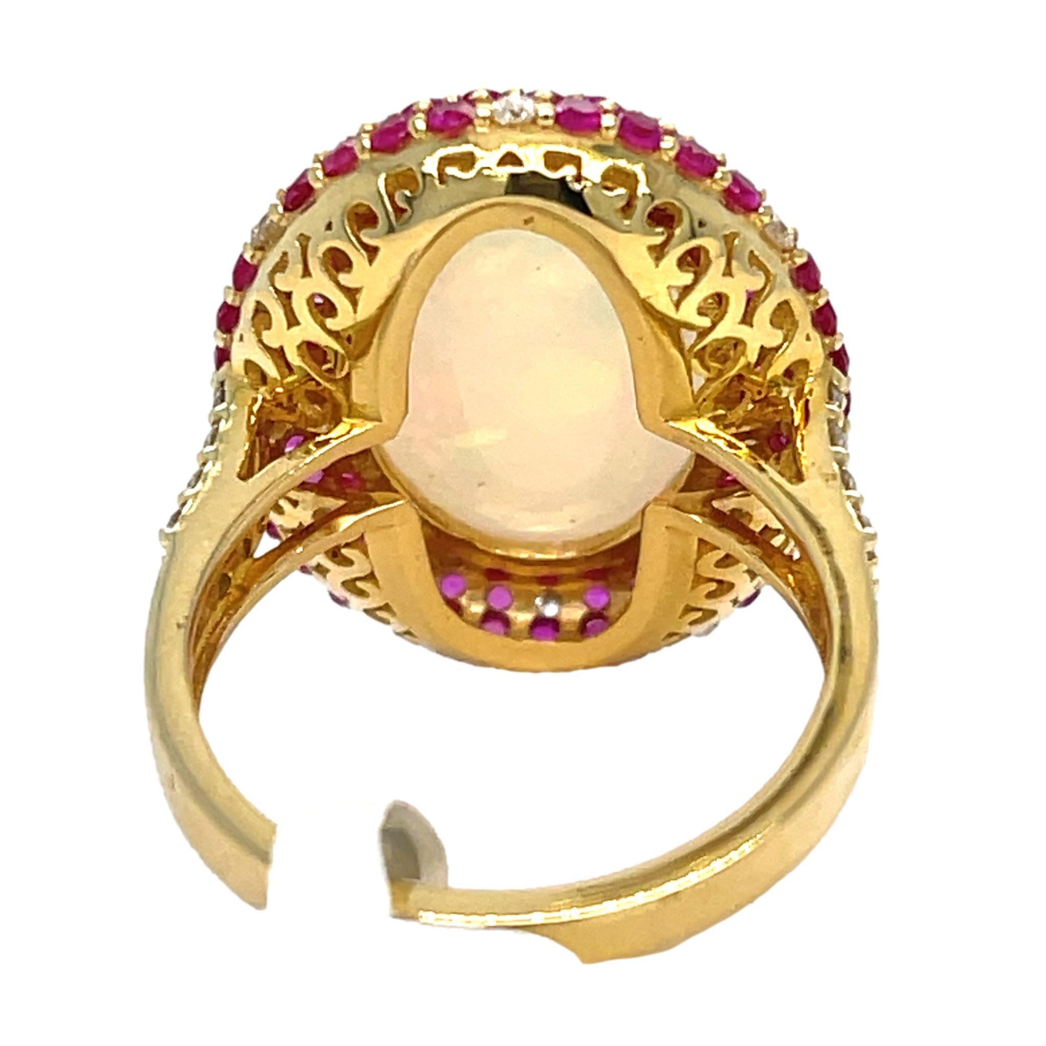 Women's Ethiopian Opal, Ruby and Diamond Ring in 14KY Gold  For Sale