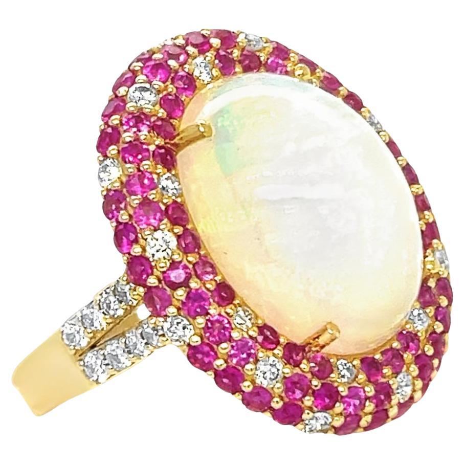 Anello con opale etiope, rubino e diamante in oro 14KY