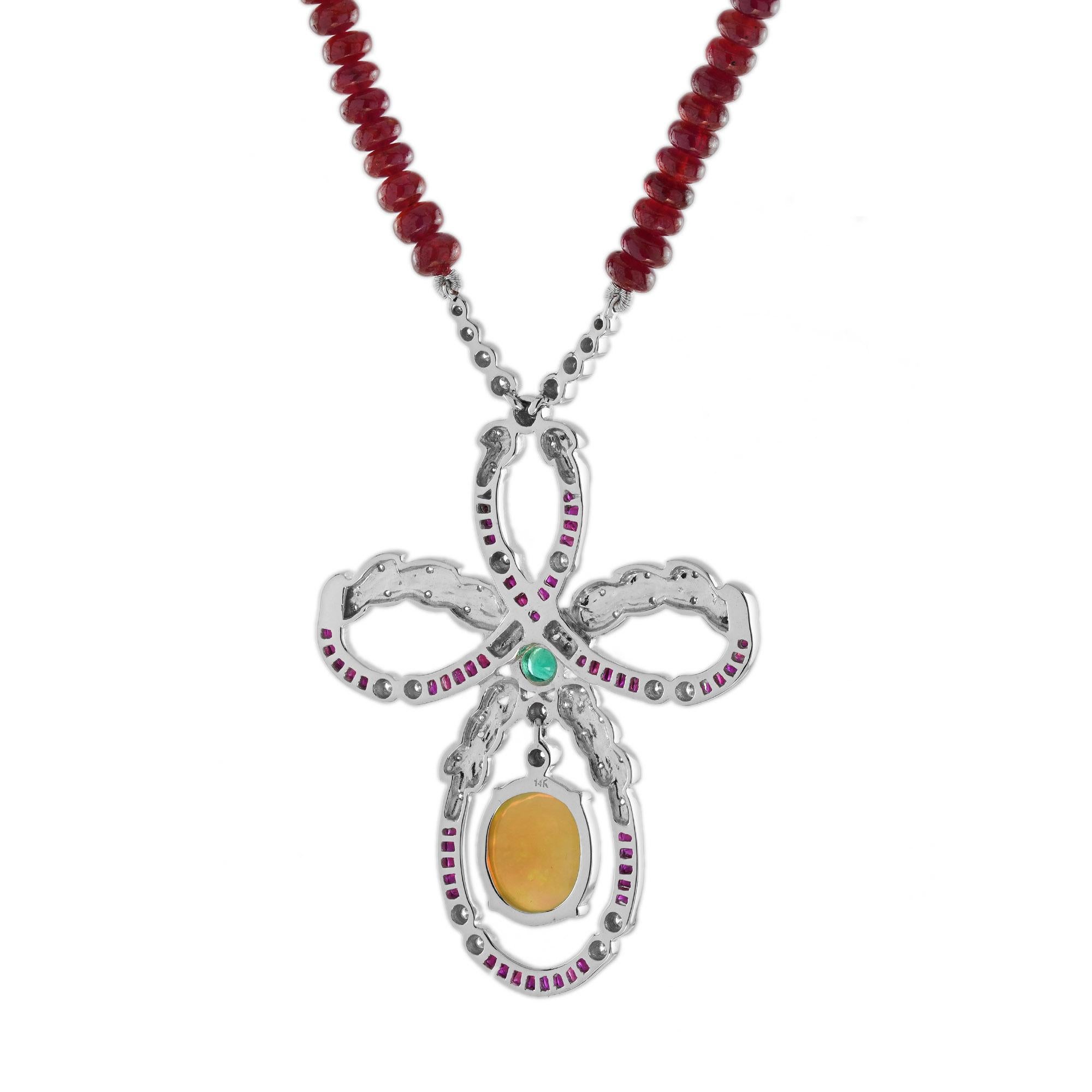 Ethiopian Opal Ruby Emerald Diamond Edwardian Style Necklace in 14K White Gold In New Condition In Bangkok, TH
