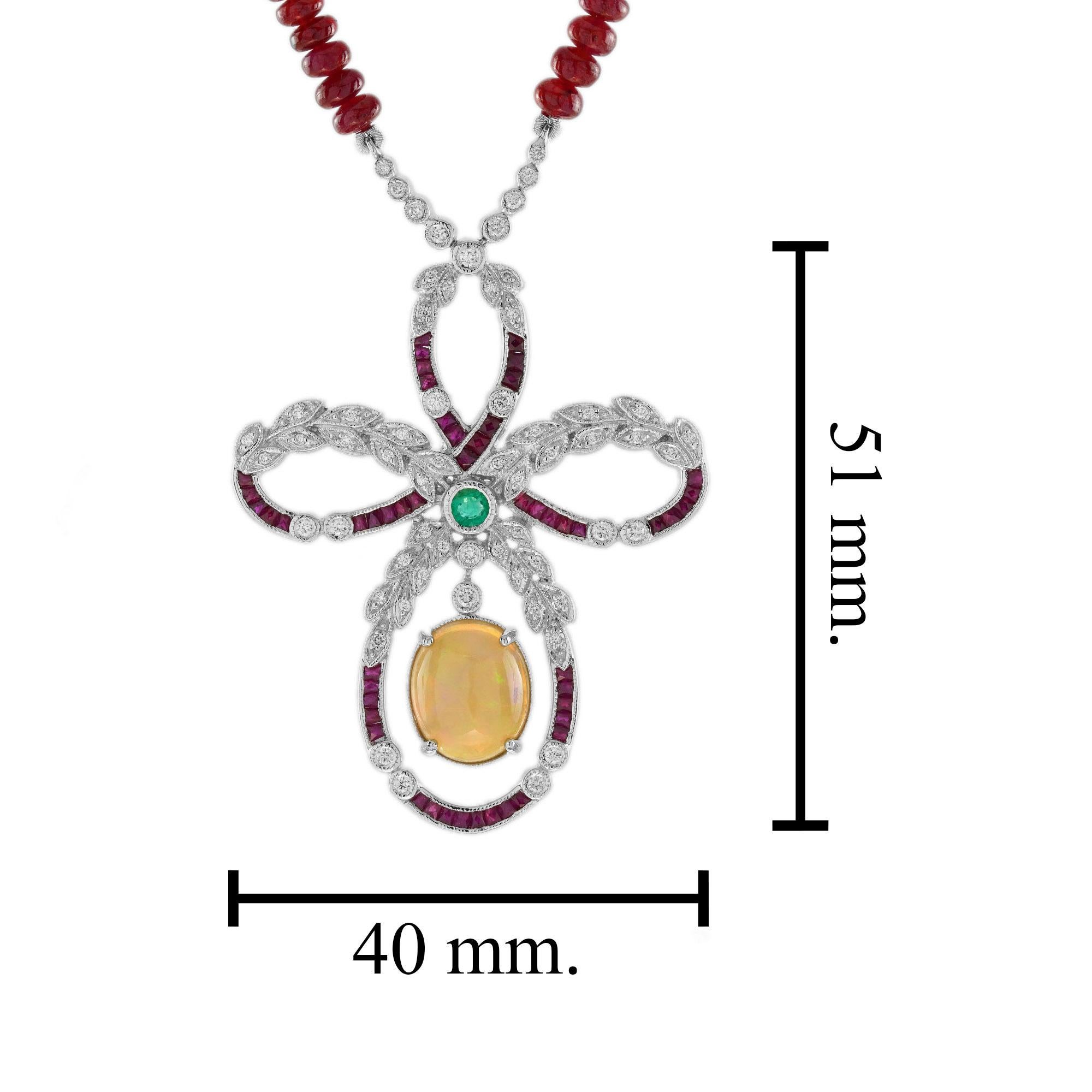 Ethiopian Opal Ruby Emerald Diamond Edwardian Style Necklace in 14K White Gold 2