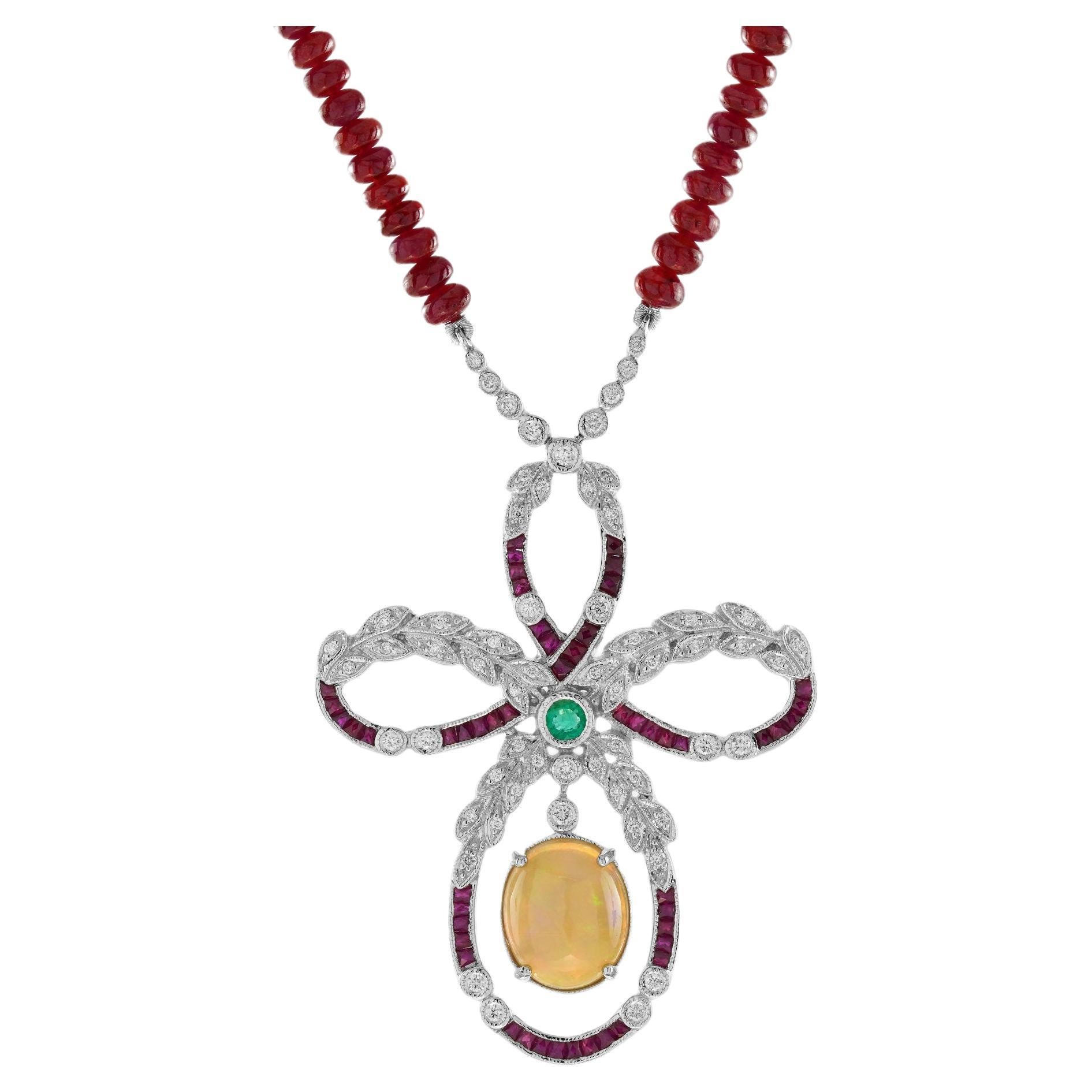 Ethiopian Opal Ruby Emerald Diamond Edwardian Style Necklace in 14K White Gold