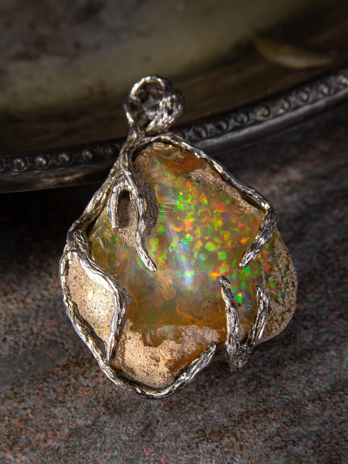 Ethiopian Opal Silver Necklace Raw Uncut Polychrome Neon Yellow Gem Crystal Root 5