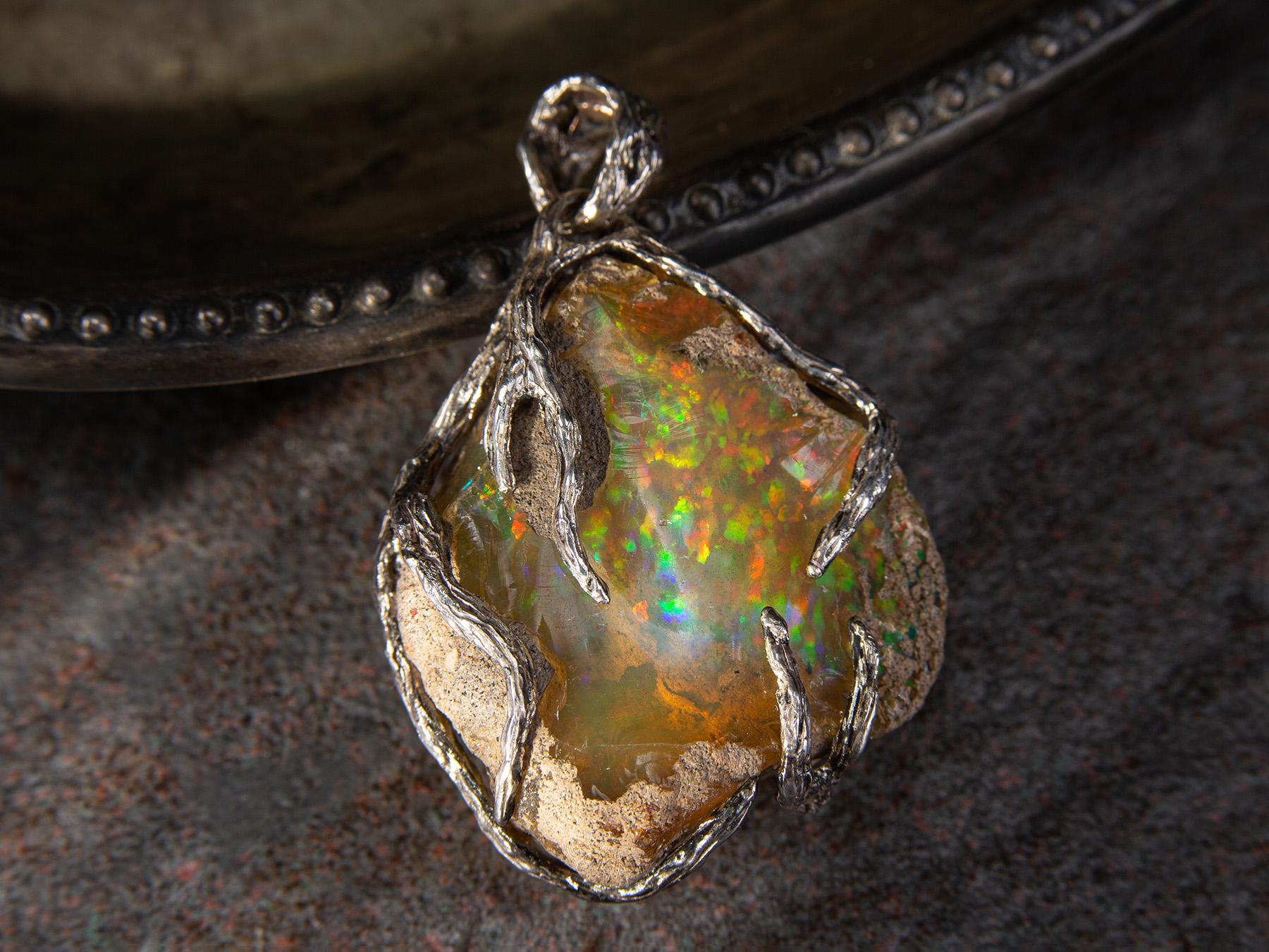 Ethiopian Opal Silver Necklace Raw Uncut Polychrome Neon Yellow Gem Crystal Root 6