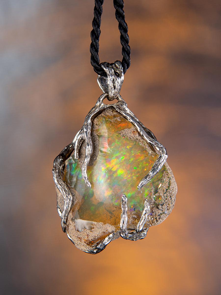 Ethiopian Opal Silver Necklace Raw Uncut Polychrome Neon Yellow Gem Crystal Root 7