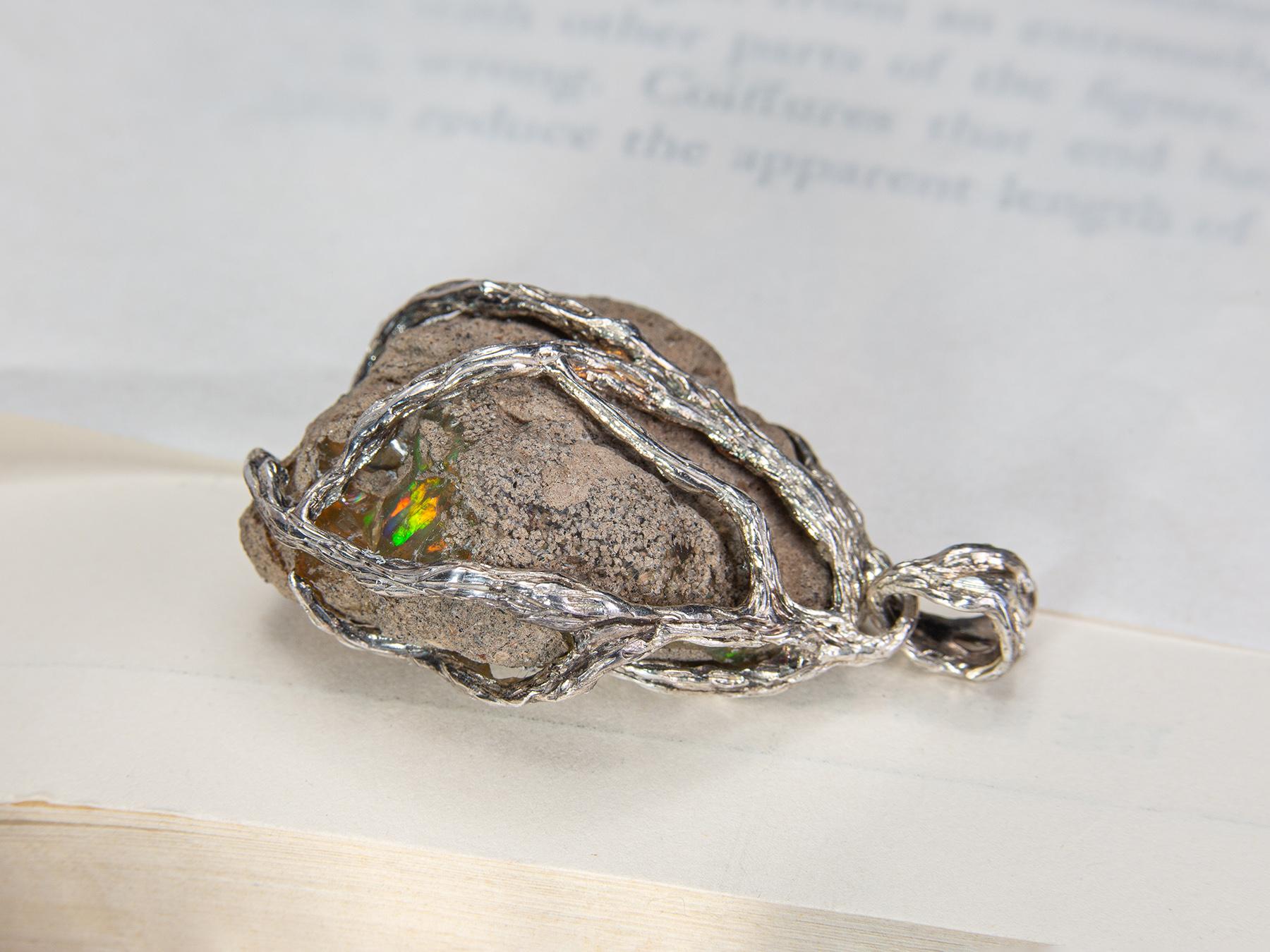 Art Nouveau Ethiopian Opal Silver Necklace Raw Uncut Polychrome Neon Yellow Gem Crystal Root