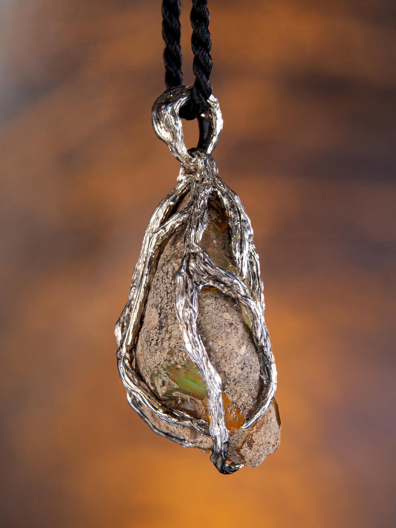 Women's or Men's Ethiopian Opal Silver Necklace Raw Uncut Polychrome Neon Yellow Gem Crystal Root
