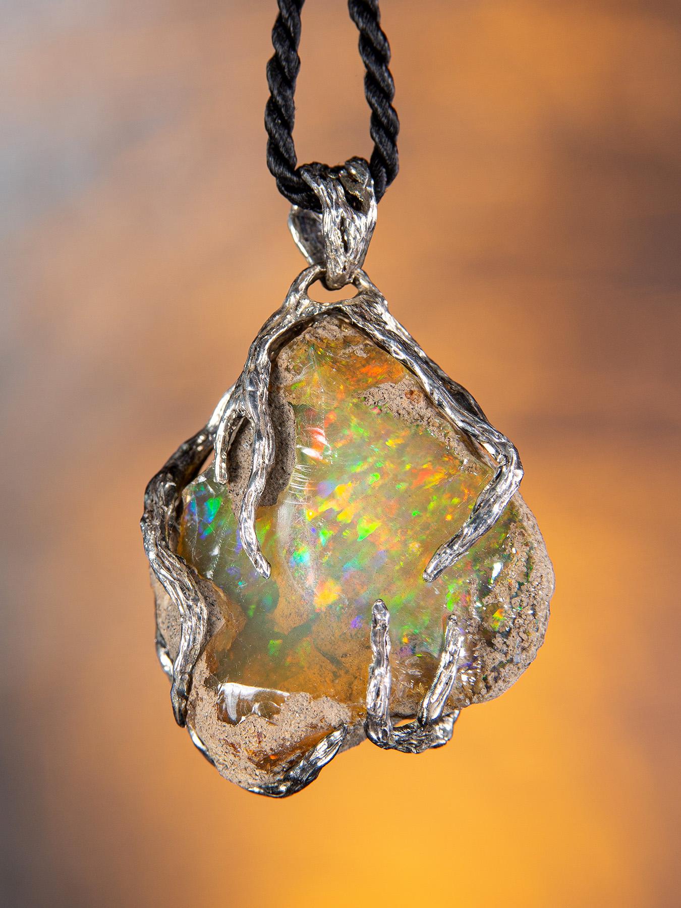 Ethiopian Opal Silver Necklace Raw Uncut Polychrome Neon Yellow Gem Crystal Root 1