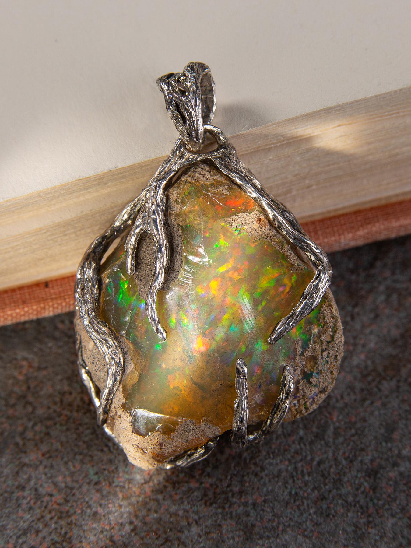 Ethiopian Opal Silver Necklace Raw Uncut Polychrome Neon Yellow Gem Crystal Root 2