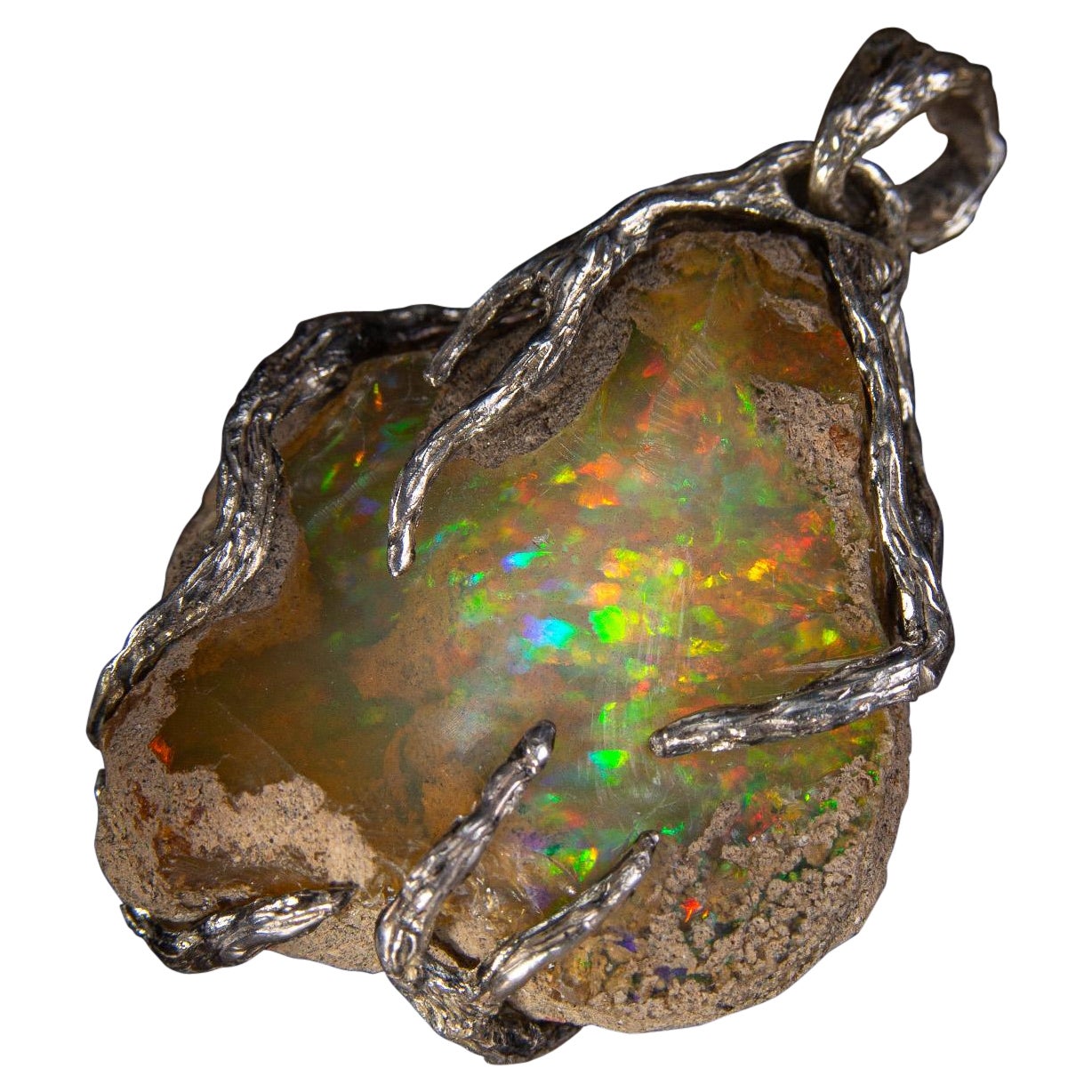 Ethiopian Opal Silver Necklace Raw Uncut Polychrome Neon Yellow Gem Crystal Root