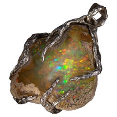 Ethiopian Opal Silver Necklace Raw Uncut Polychrome Neon Yellow Gem Crystal Root
