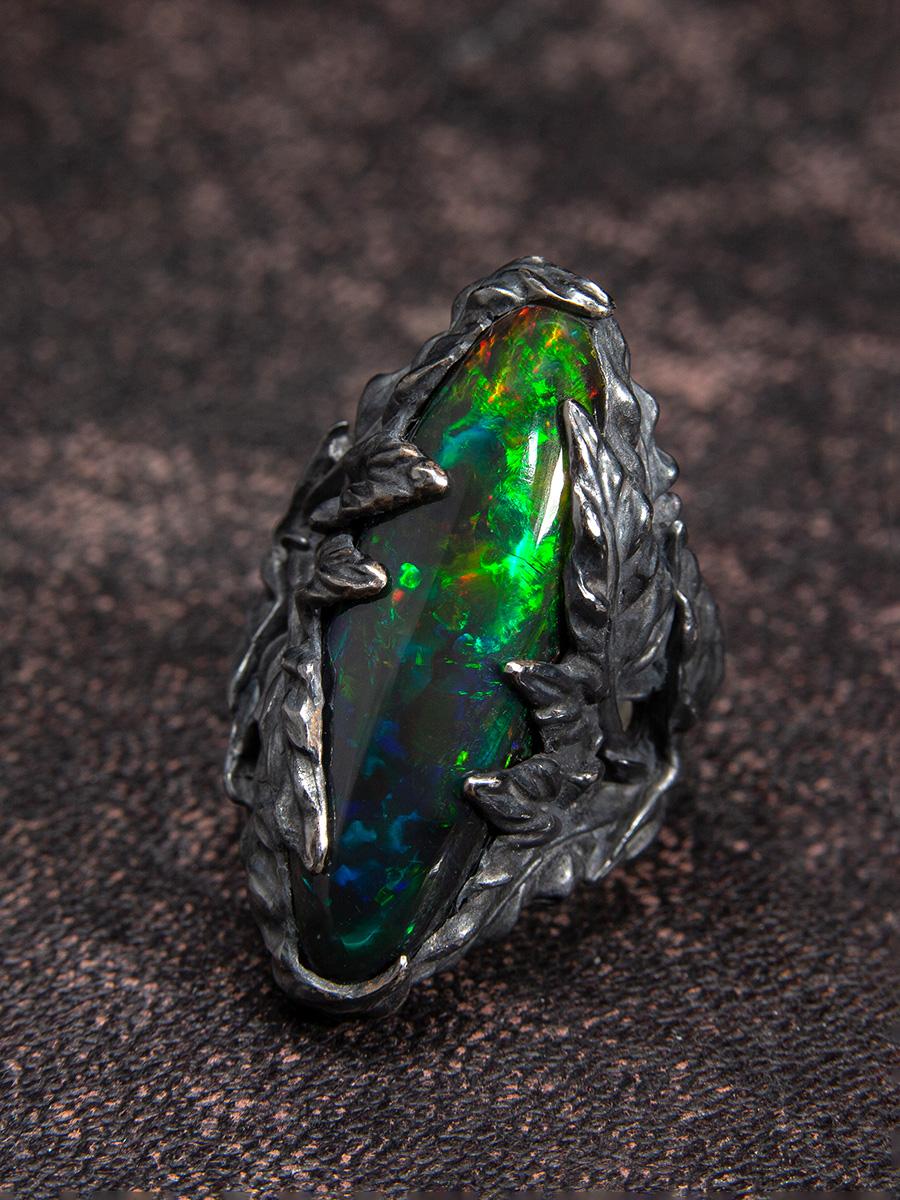 Large Opal Silver Ring Nature inspired Ivy Statement Opal Jewelry en vente 7