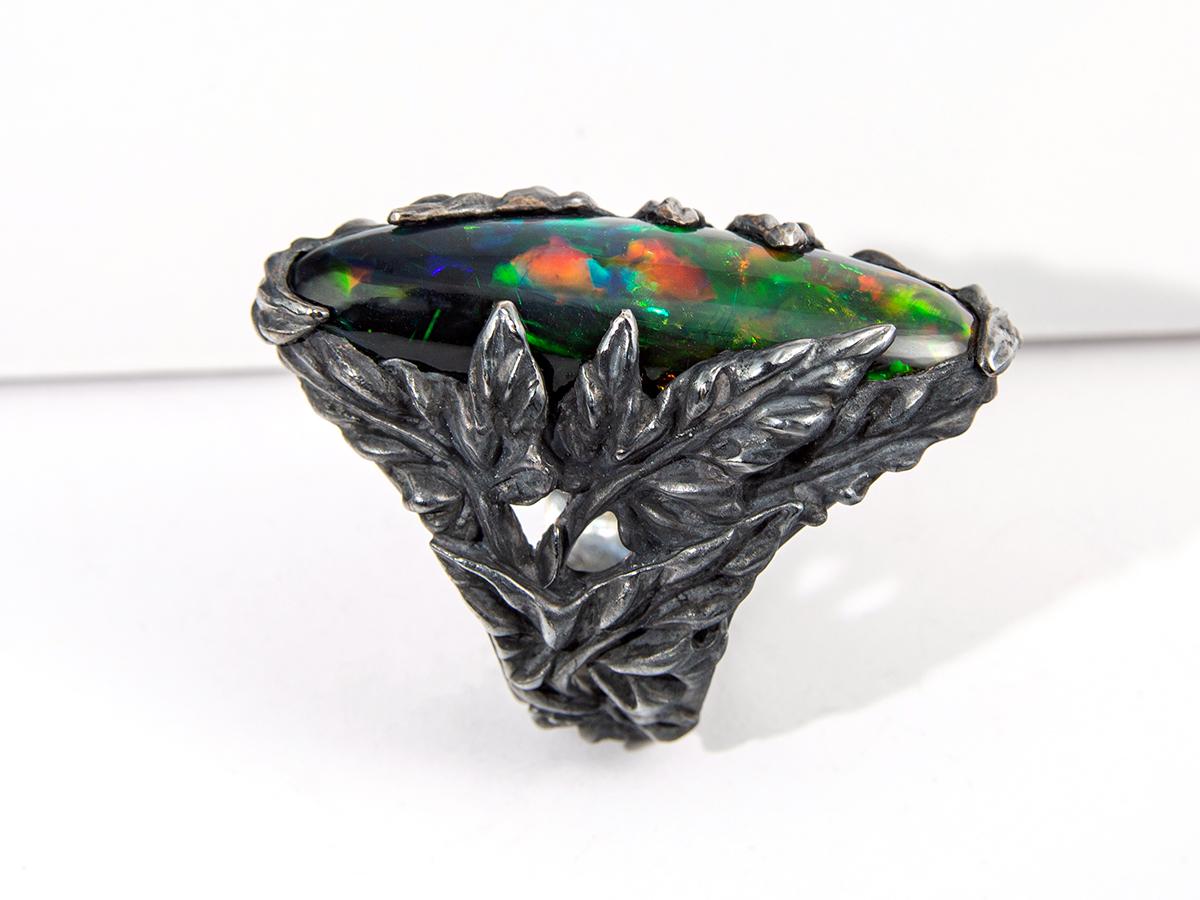 Large Opal Silver Ring Nature inspired Ivy Statement Opal Jewelry en vente 8