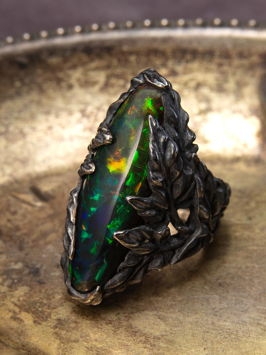 Artisan Large Opal Silver Ring Nature inspired Ivy Statement Opal Jewelry For Sale