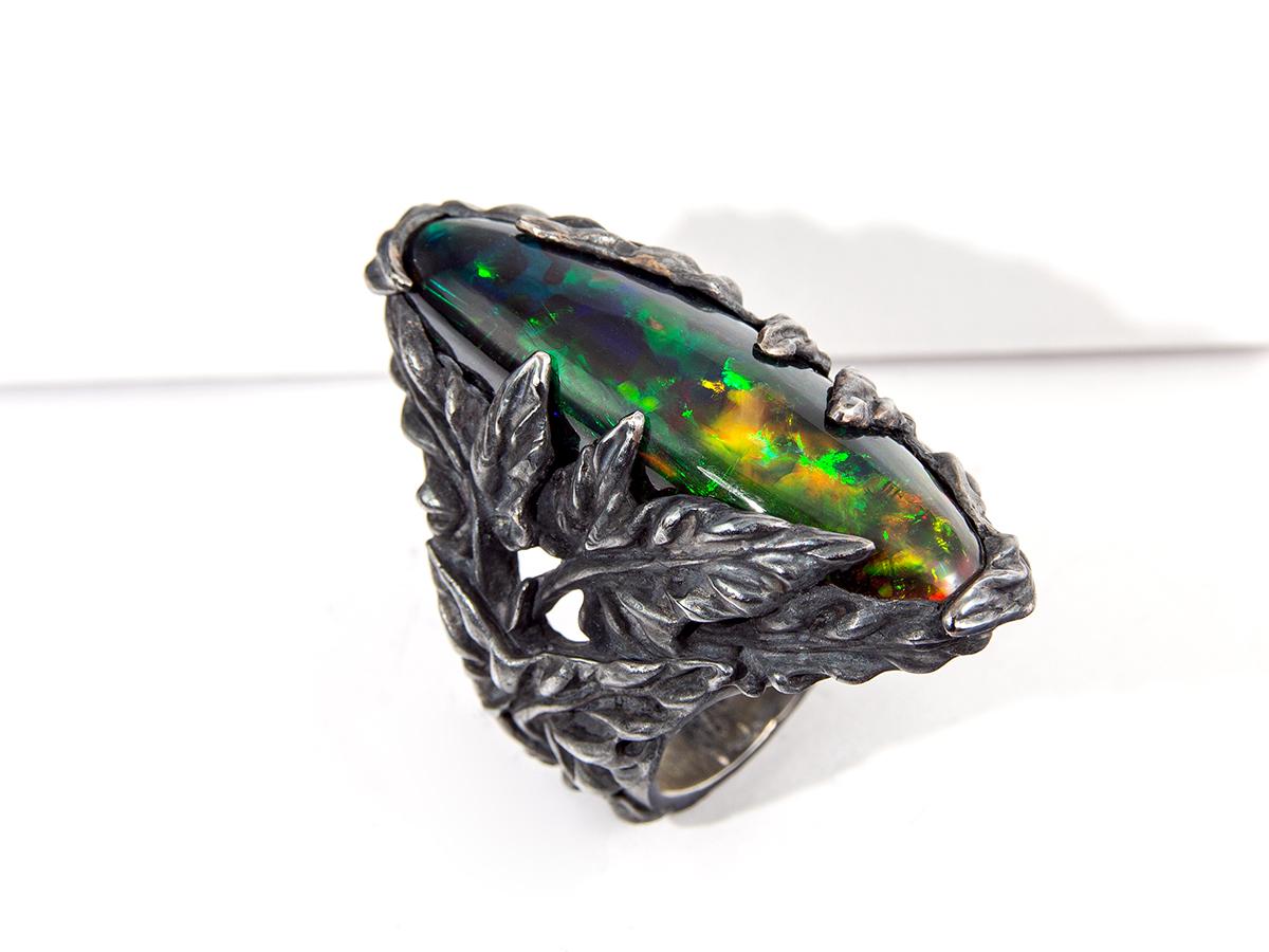 Large Opal Silver Ring Nature inspired Ivy Statement Opal Jewelry en vente 1