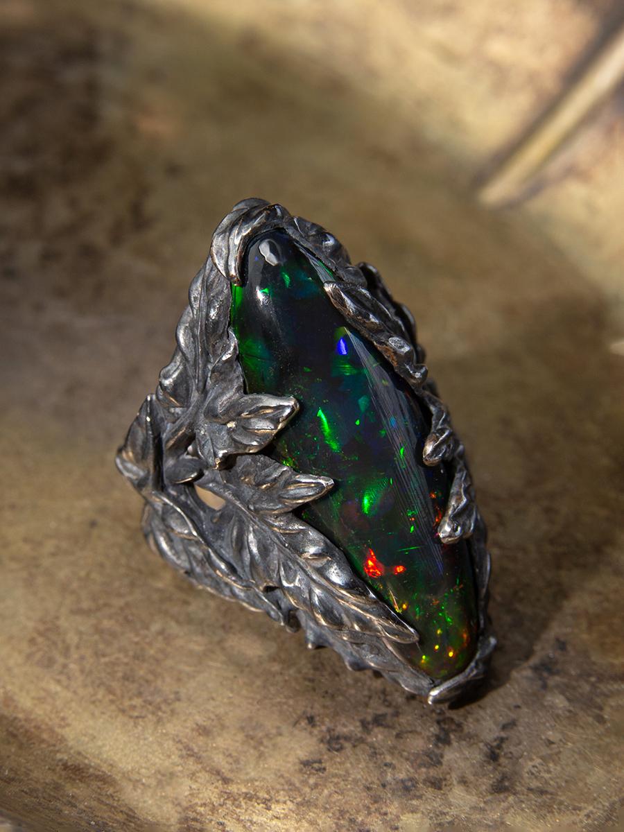 Large Opal Silver Ring Nature inspired Ivy Statement Opal Jewelry en vente 5