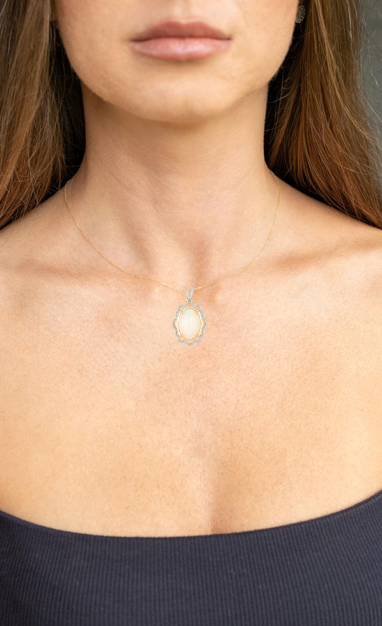 Cabochon Ethiopian Opal Statement Pendant With Diamonds 7.02 Carats Total 14K Gold For Sale
