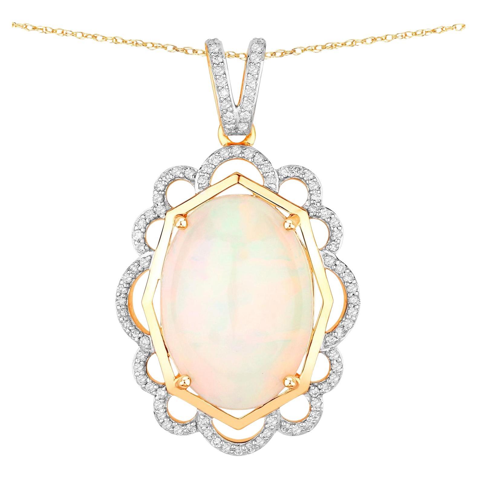 Ethiopian Opal Statement Pendant With Diamonds 7.02 Carats Total 14K Gold