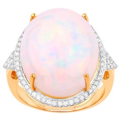 Ethiopian Opal Statement Ring With Diamond Halo 12.3 Carats Total 14K Gold