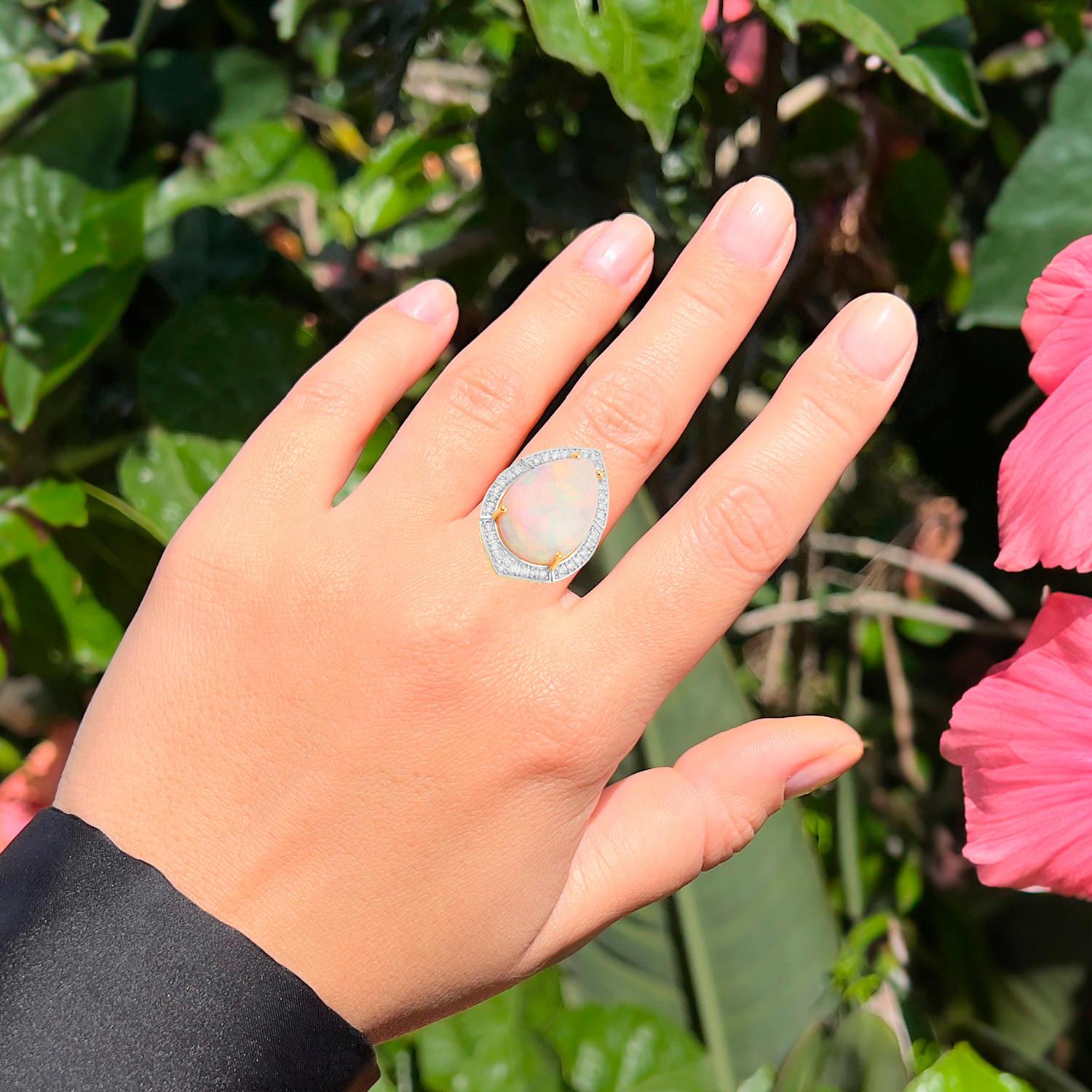 Contemporary Ethiopian Opal Statement Ring With Diamond Halo 8.27 Carats Total 14K Gold For Sale