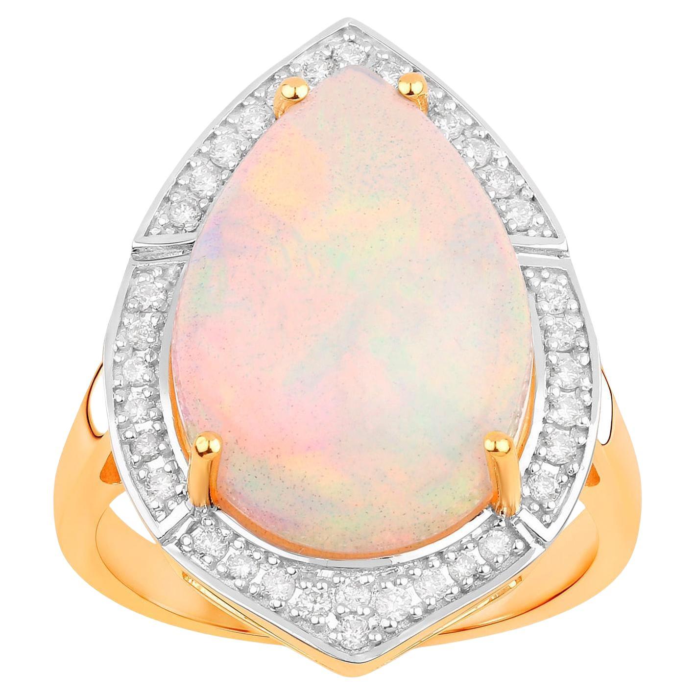 Ethiopian Opal Statement Ring With Diamond Halo 8.27 Carats Total 14K Gold For Sale