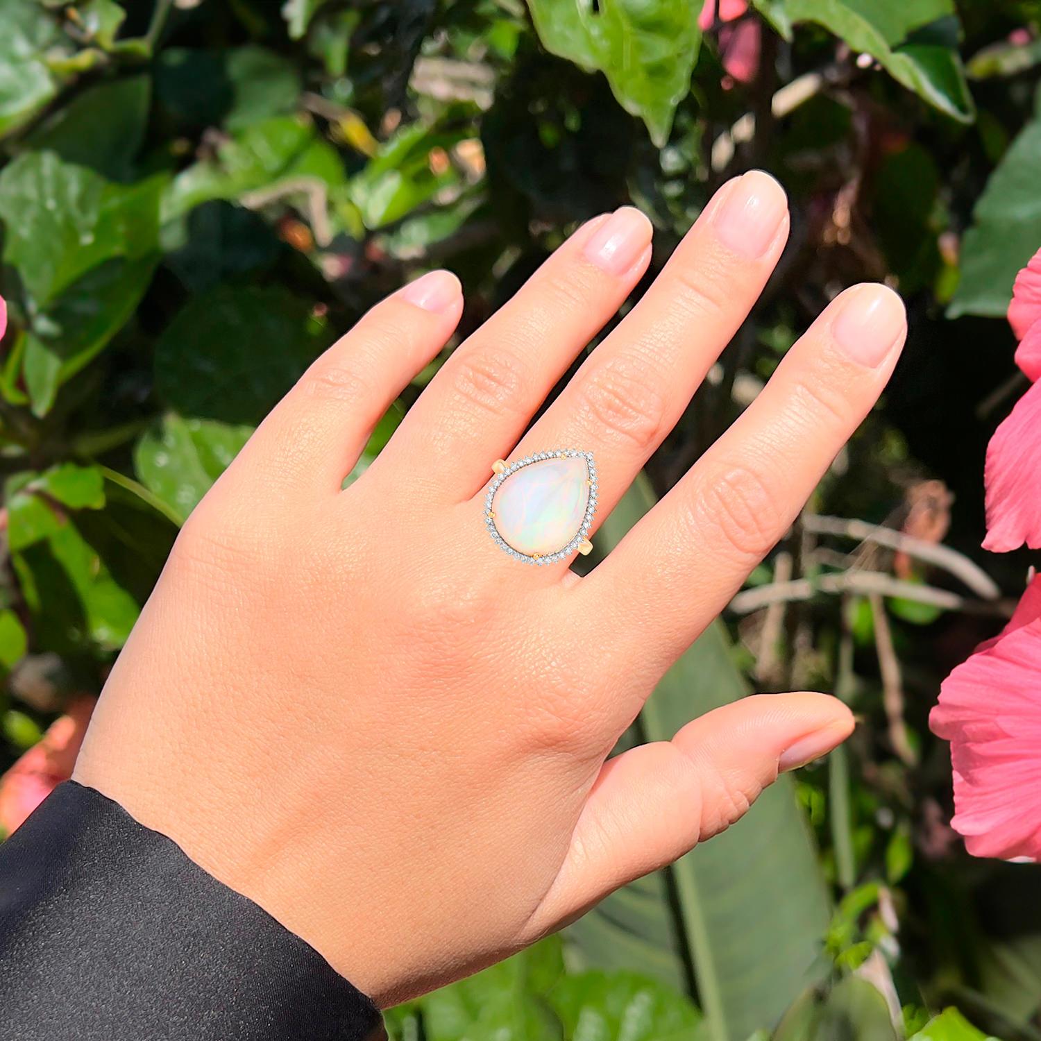 Contemporary Ethiopian Opal Statement Ring With Diamond Halo 8.37 Carats Total 14K Gold For Sale
