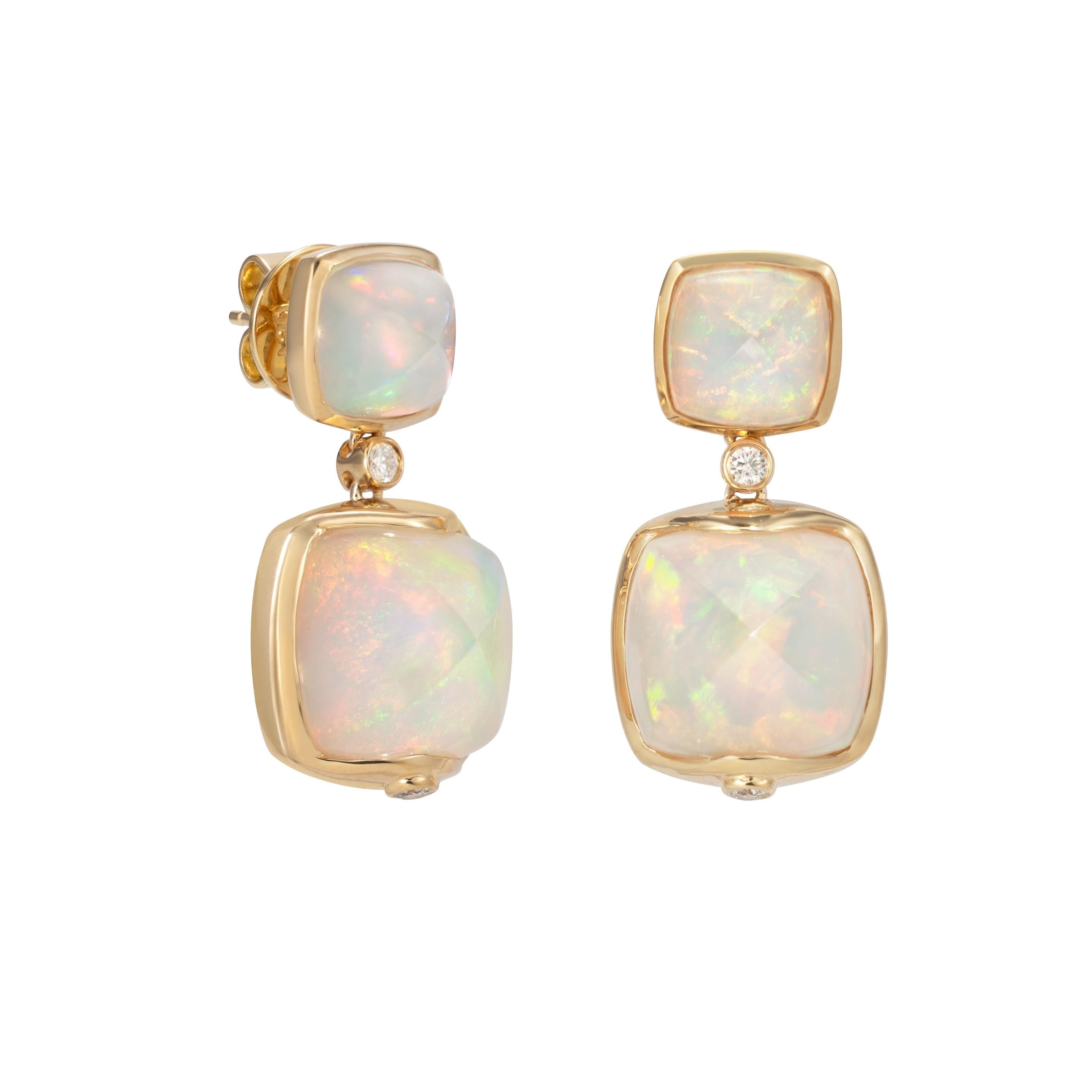 Contemporary Ethiopian Opal Sugarloaf Earrings with Diamond in 18 Karat Yellow Gold For Sale