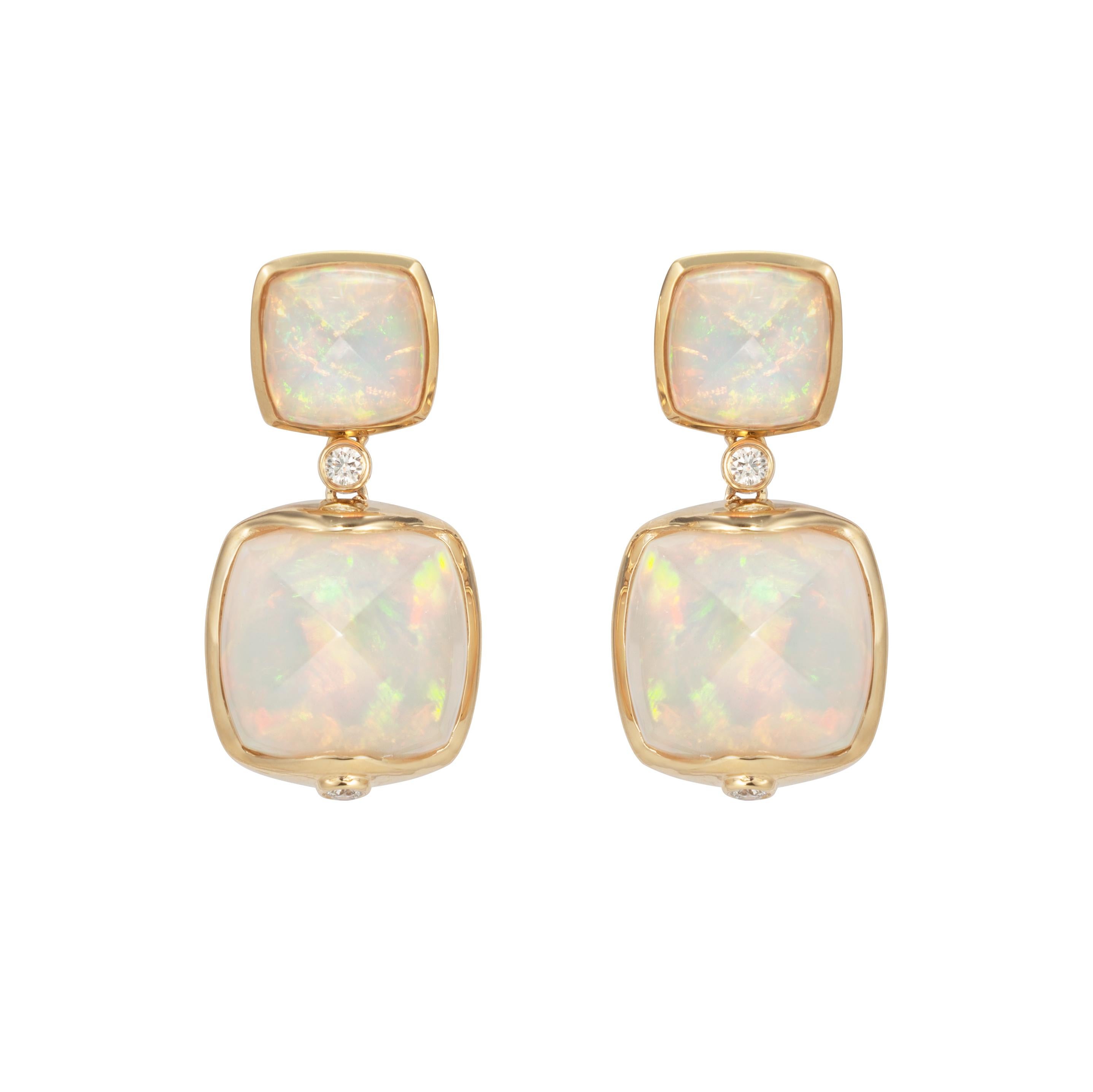 Contemporary Ethiopian Opal Sugarloaf Earrings with Diamond in 18 Karat Yellow Gold