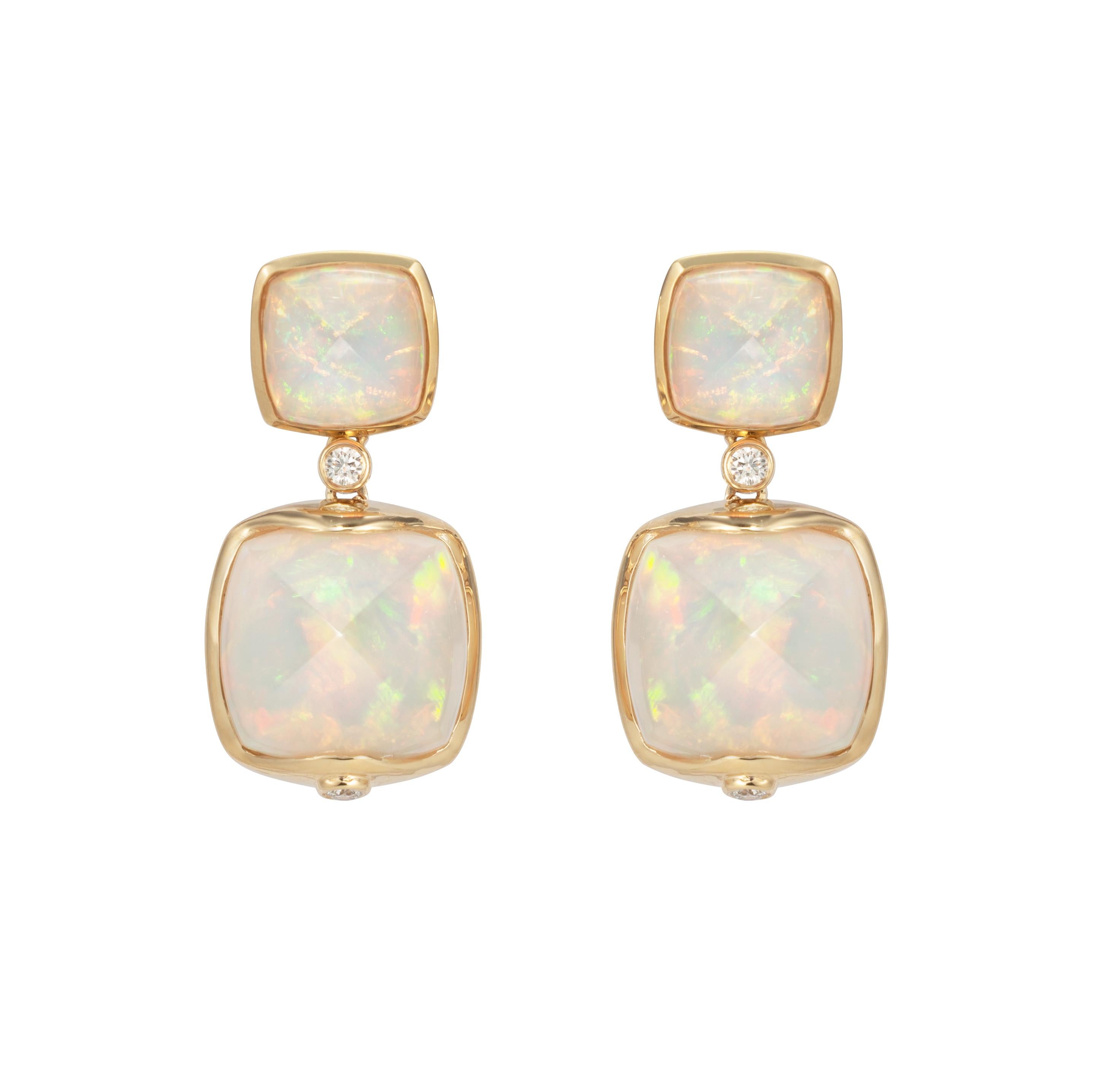 Sugarloaf Cabochon Ethiopian Opal Sugarloaf Earrings with Diamond in 18 Karat Yellow Gold For Sale