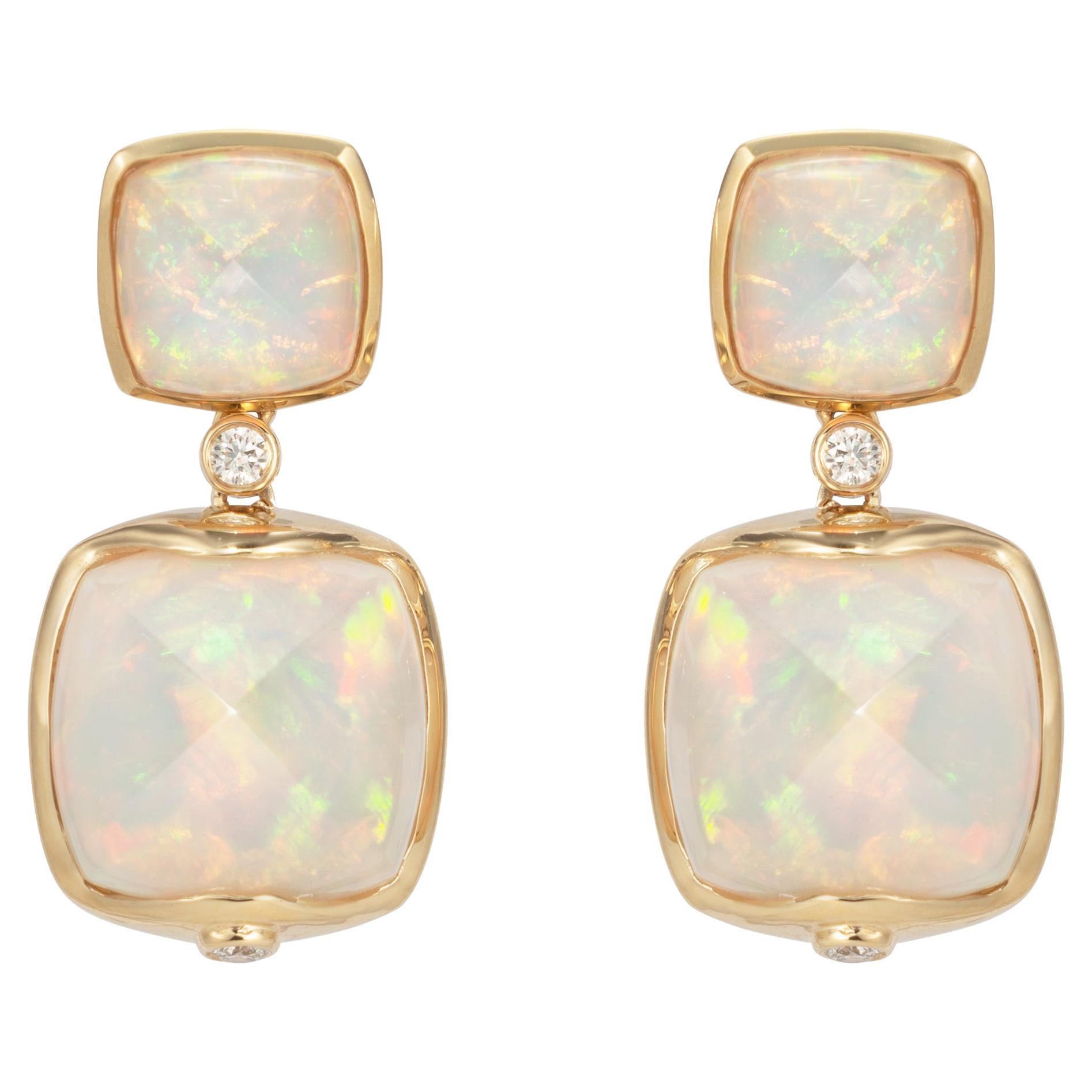 Ethiopian Opal Sugarloaf Earrings with Diamond in 18 Karat Yellow Gold