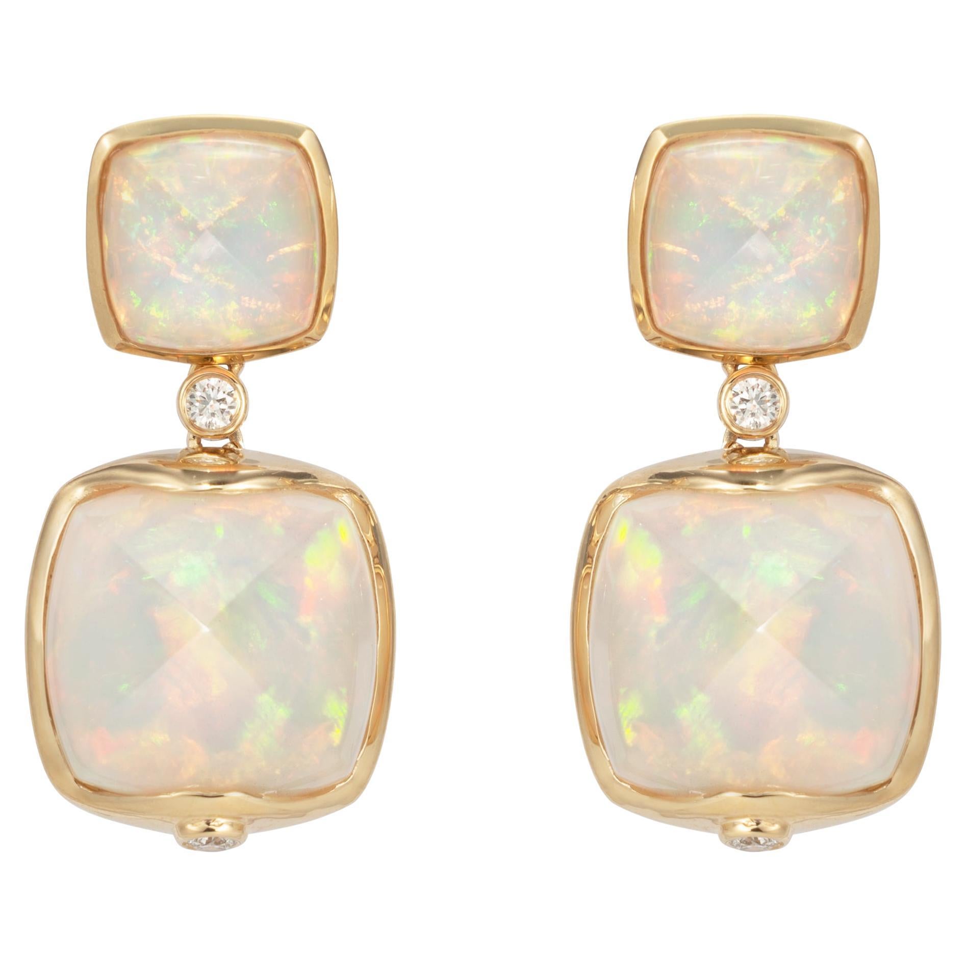 Ethiopian Opal Sugarloaf Earrings with Diamond in 18 Karat Yellow Gold For Sale