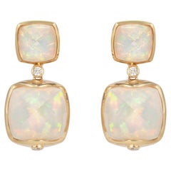 Boucles d'oreilles en opale thiopienne en forme de pain de sucre avec diamant en or jaune 18 carats