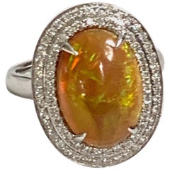 Ethiopian Opal with Diamond Double Halo Cocktail Ring, 14 Karat White Gold- Sz 7