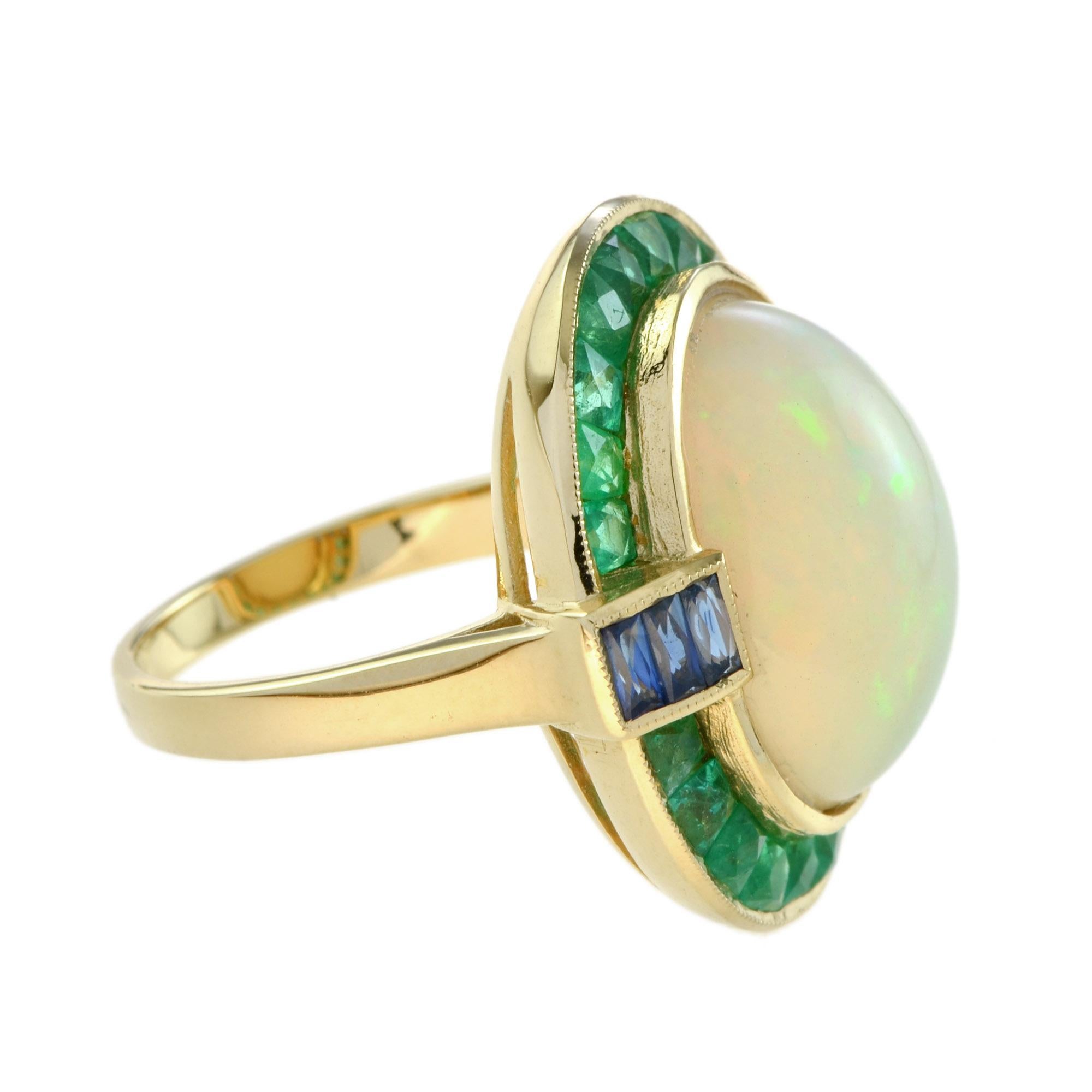 Art Deco Ethiopian Opal with Emerald and Sapphire Cocktail Ring in 18K Yellow Gold