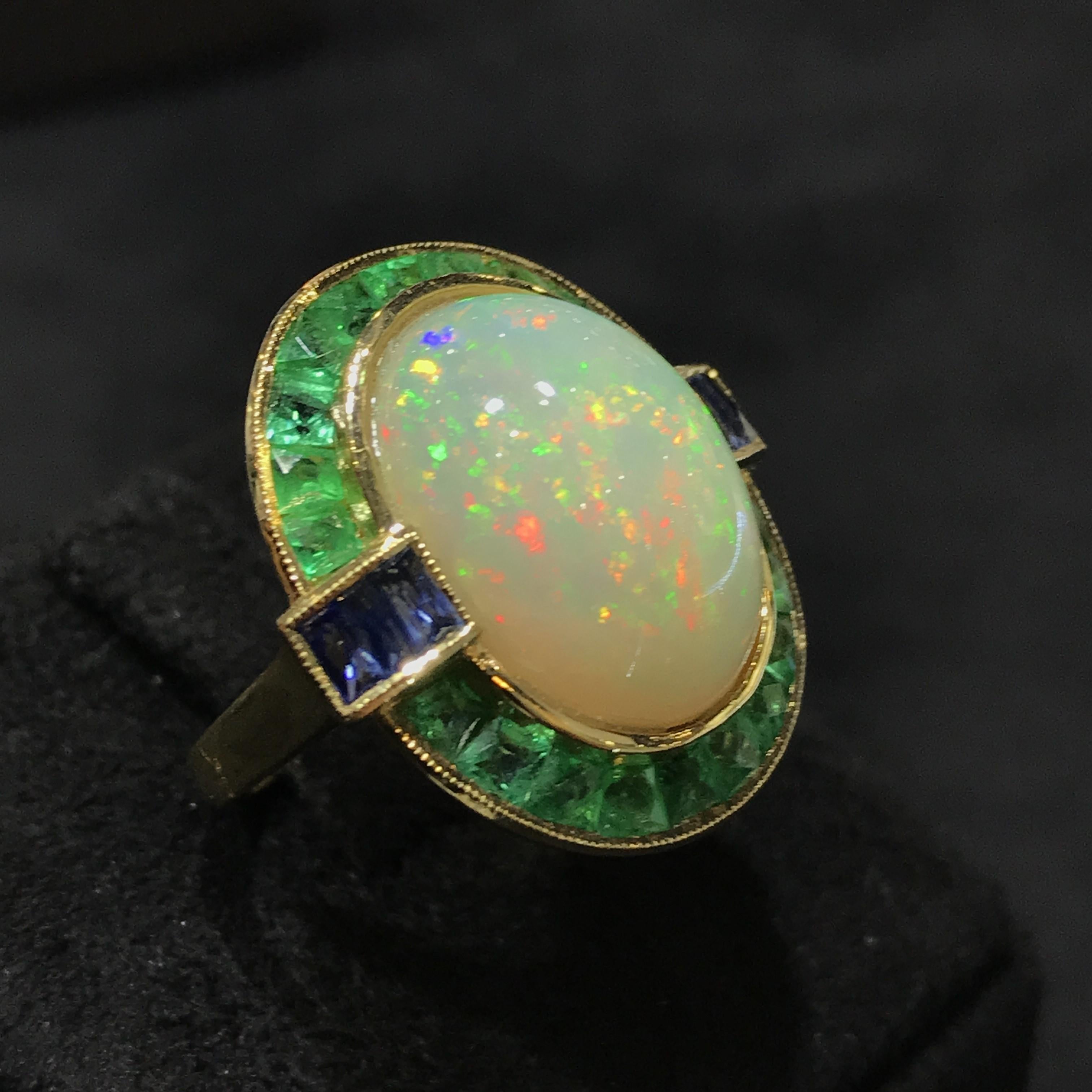 Ethiopian Opal with Emerald and Sapphire Cocktail Ring in 18K Yellow Gold 1