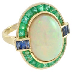 Ethiopian Opal with Emerald and Sapphire Cocktail Ring in 18K Yellow Gold