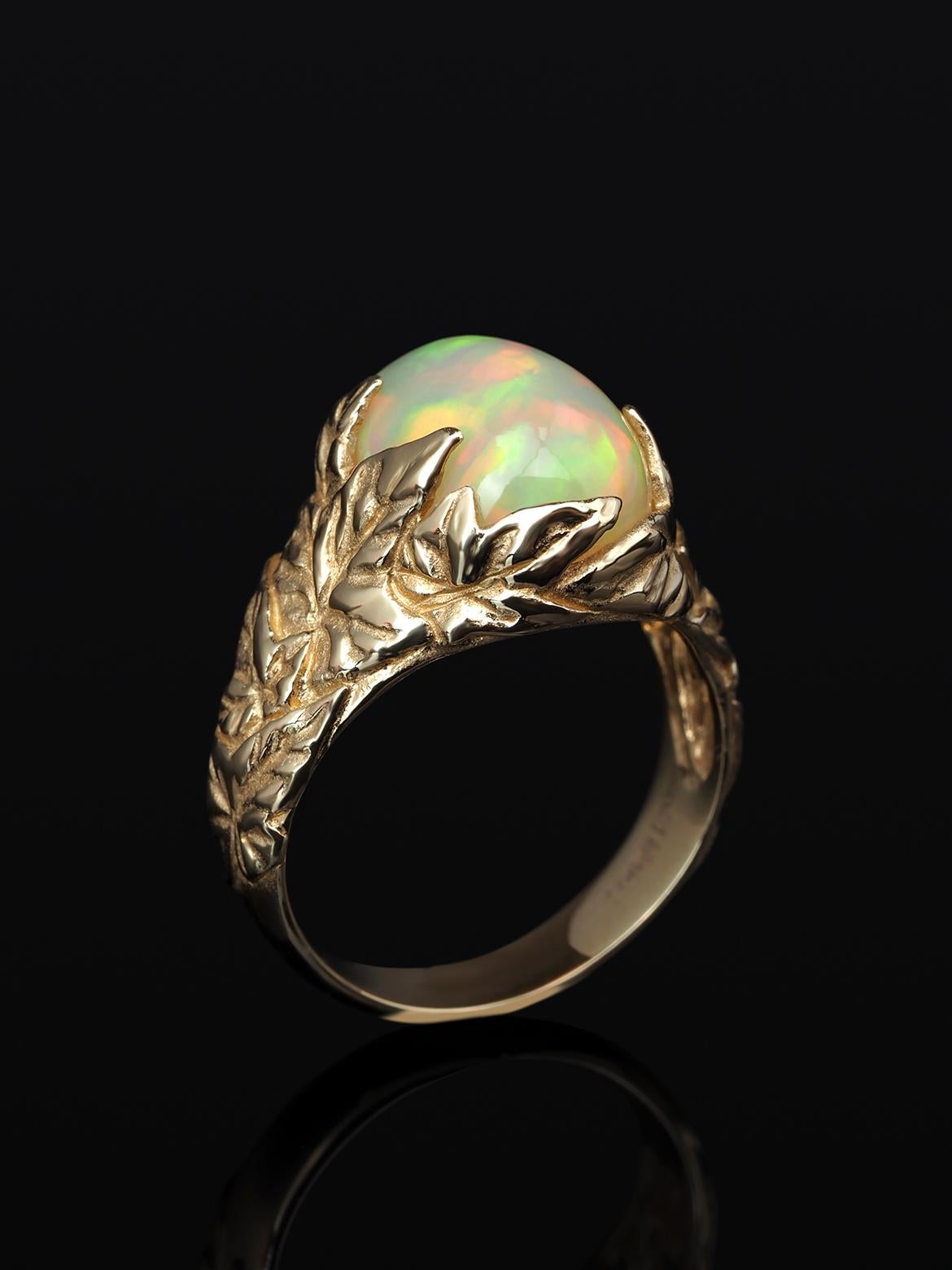 Ethiopian Opal Yellow Gold Ivy Ring Aphrodite Style Multicolor Glare Art Nouveau For Sale 1