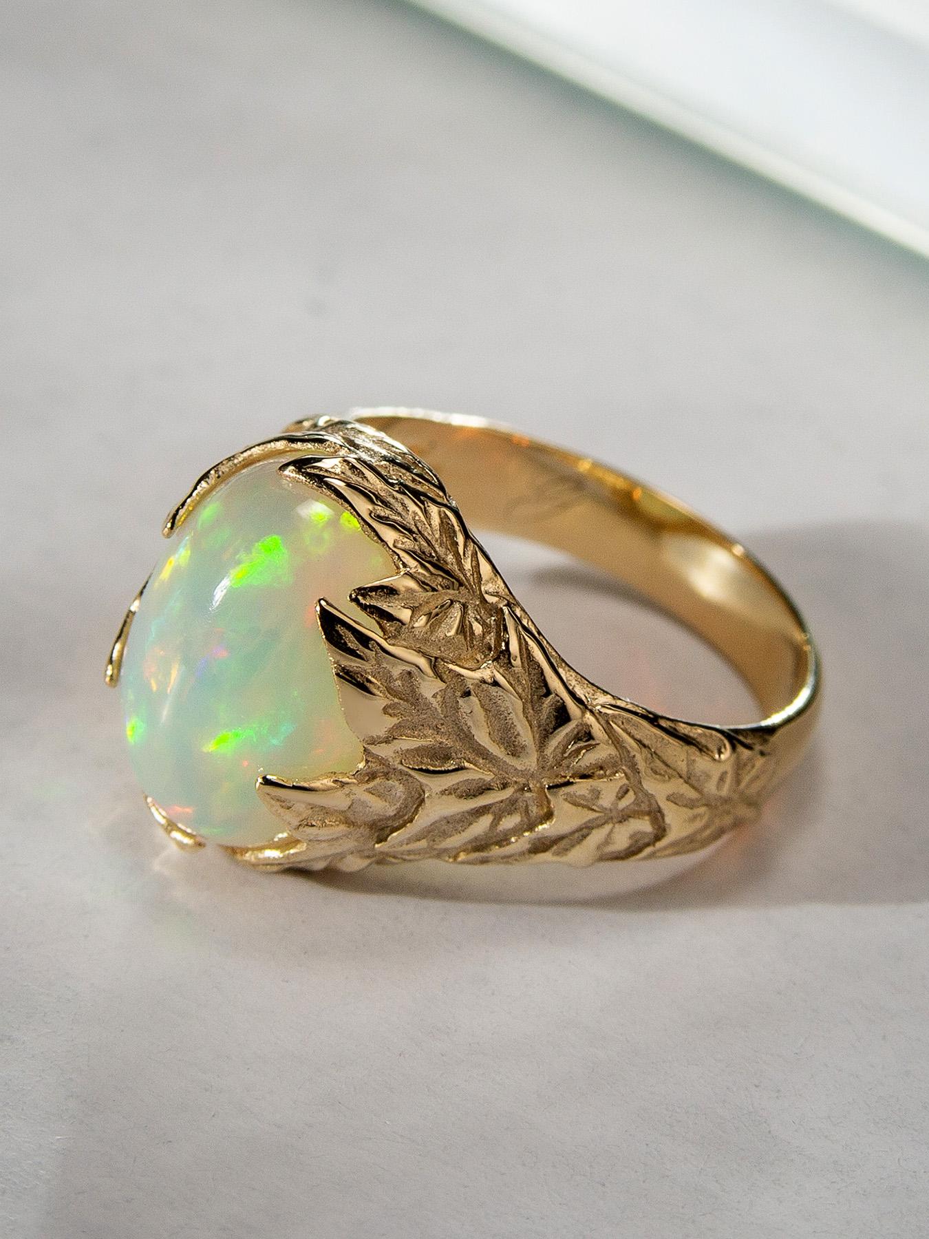 Ethiopian Opal Yellow Gold Ivy Ring Aphrodite Style Multicolor Glare Art Nouveau For Sale 11