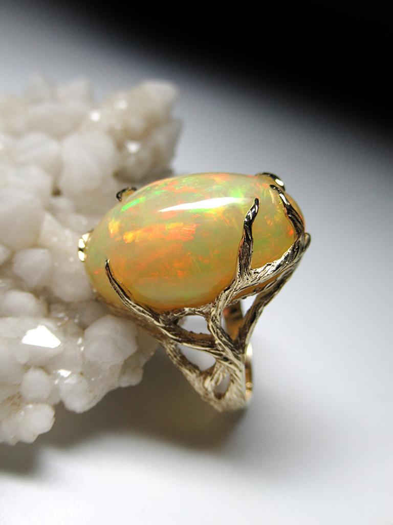 Ethiopian Opal Yellow Gold Ring Art Nouveau Style Iridescent Gemstone Jewelry For Sale 6