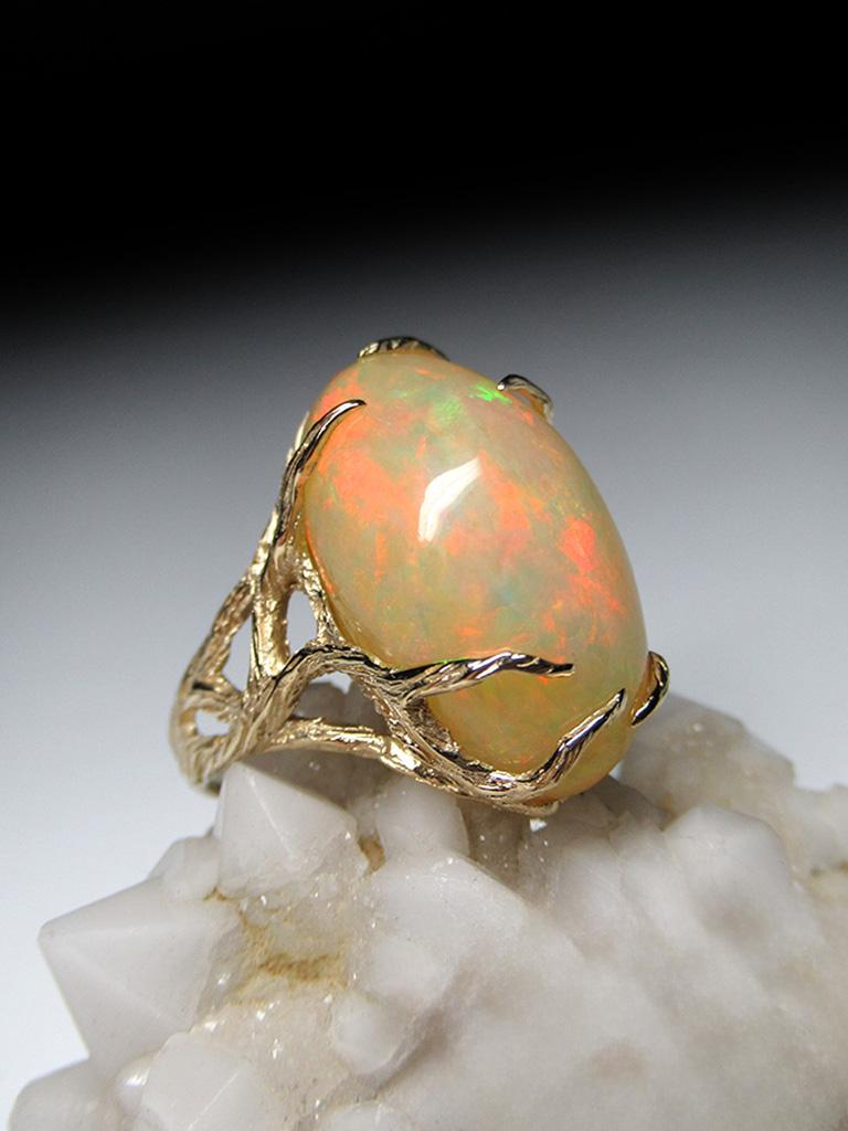 Ethiopian Opal Yellow Gold Ring Art Nouveau Style Iridescent Gemstone Jewelry For Sale 8