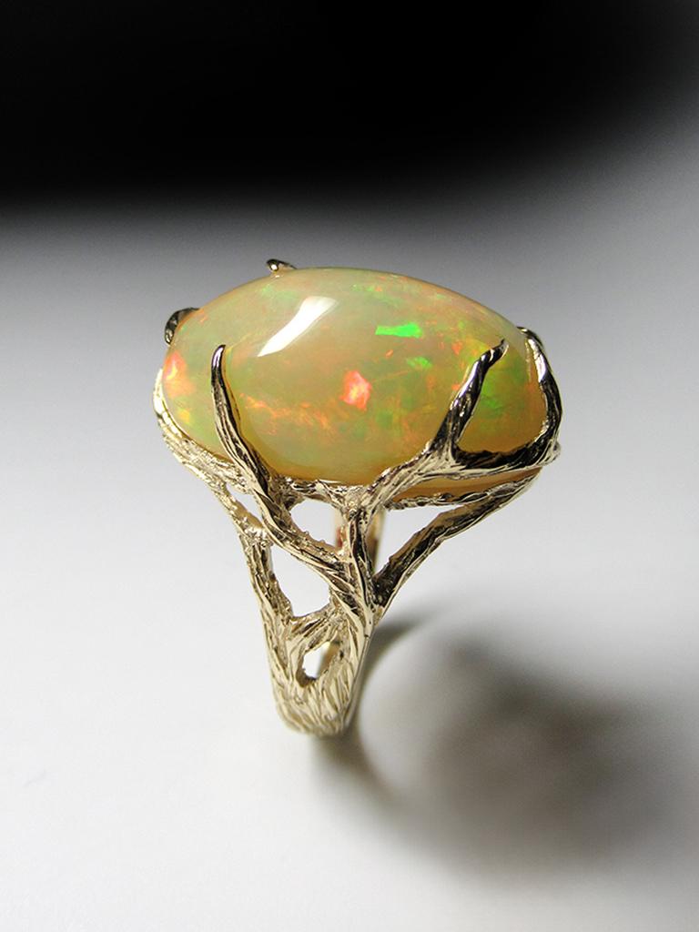 Ethiopian Opal Yellow Gold Ring Art Nouveau Style Iridescent Gemstone Jewelry For Sale 9