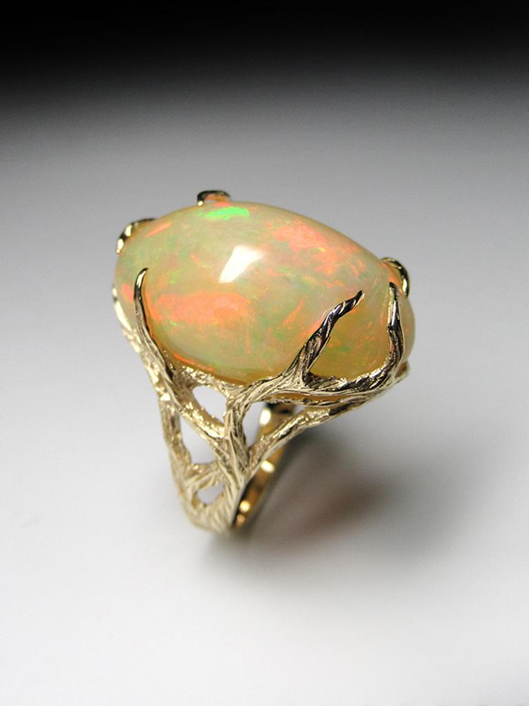 Ethiopian Opal Yellow Gold Ring Art Nouveau Style Iridescent Gemstone Jewelry For Sale 10