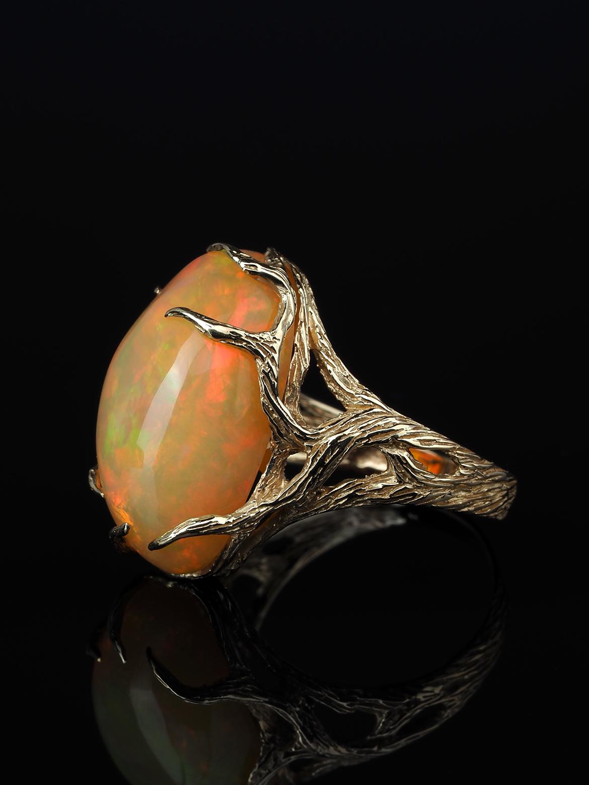 Artisan Ethiopian Opal Yellow Gold Ring Art Nouveau Style Iridescent Gemstone Jewelry For Sale