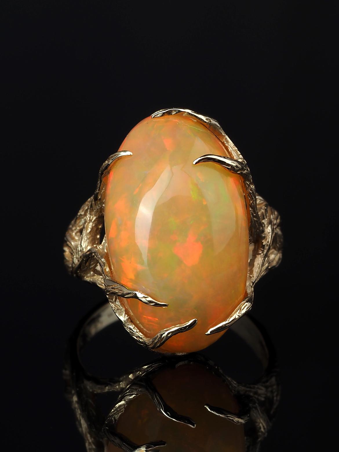 Oval Cut Ethiopian Opal Yellow Gold Ring Art Nouveau Style Iridescent Gemstone Jewelry For Sale