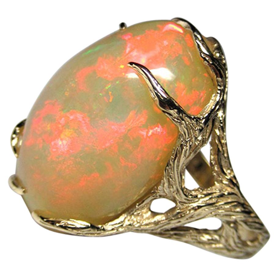 Ethiopian Opal Yellow Gold Ring Art Nouveau Style Iridescent Gemstone Jewelry